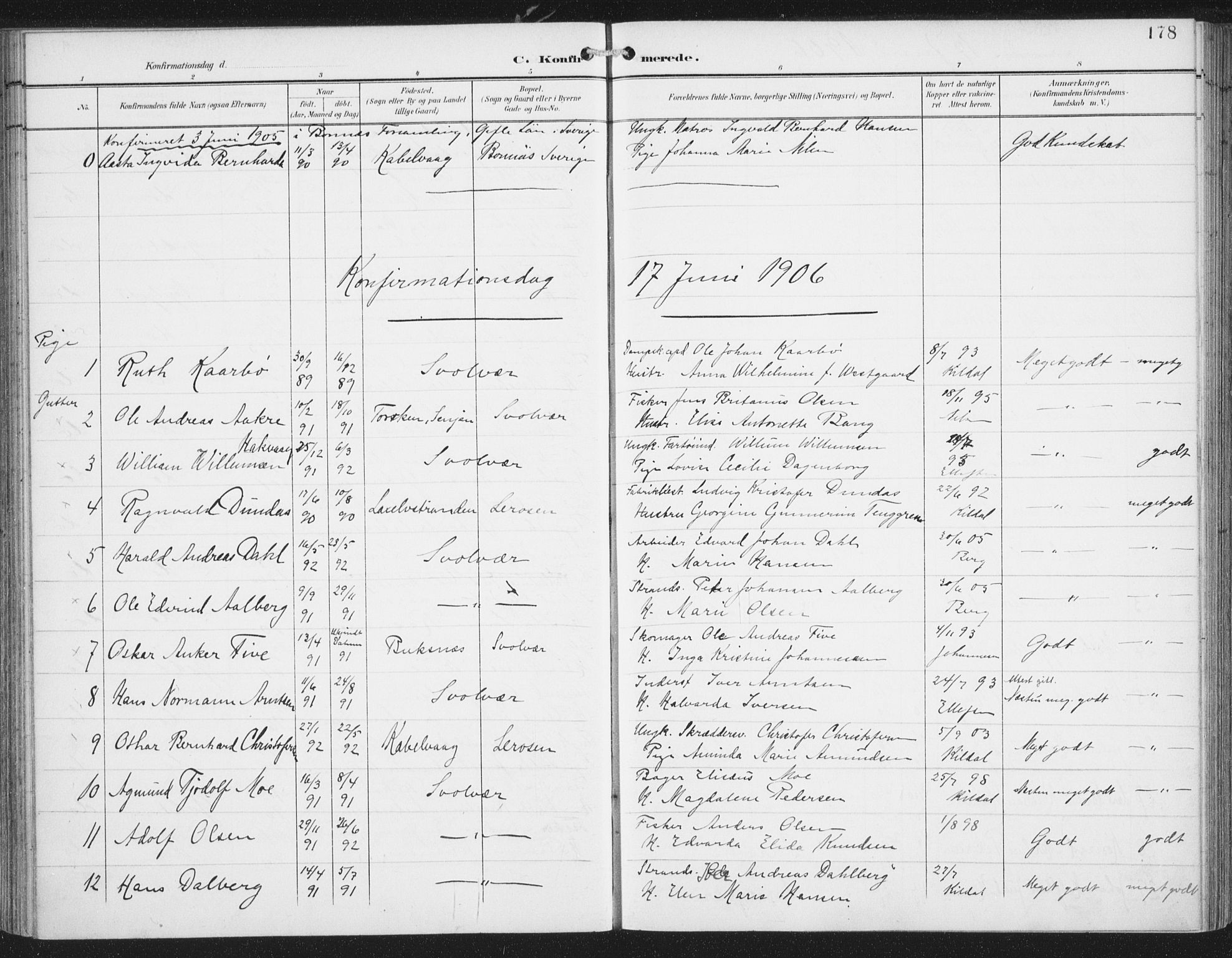 Ministerialprotokoller, klokkerbøker og fødselsregistre - Nordland, AV/SAT-A-1459/874/L1062: Parish register (official) no. 874A06, 1899-1907, p. 178