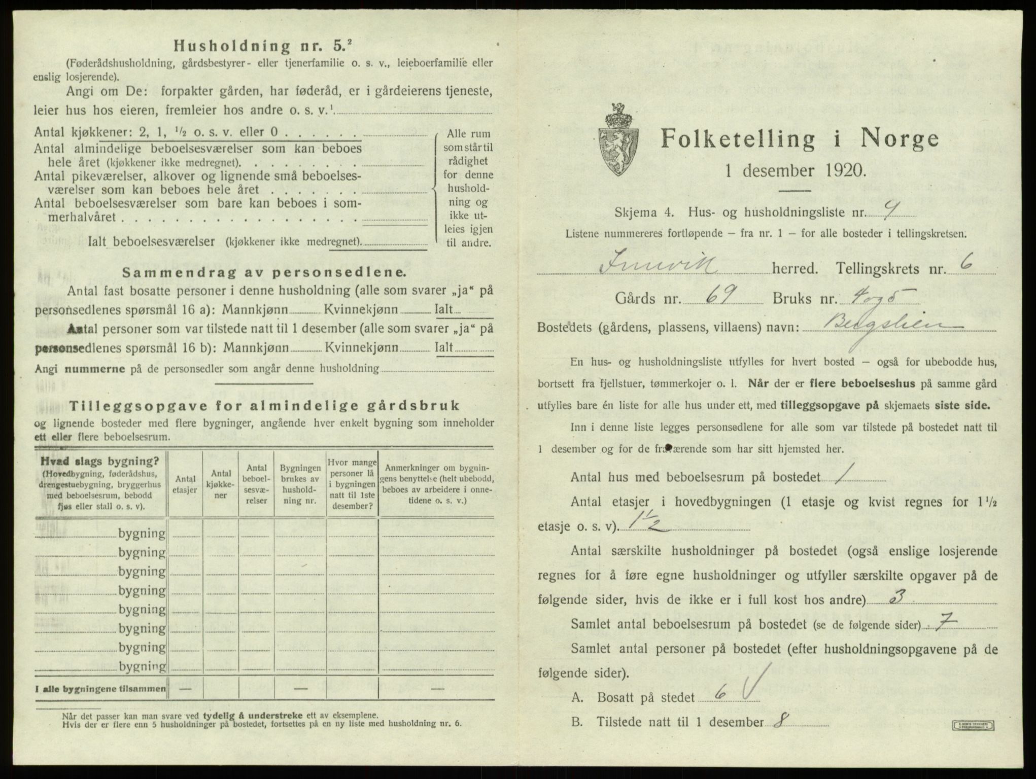 SAB, 1920 census for Innvik, 1920, p. 384