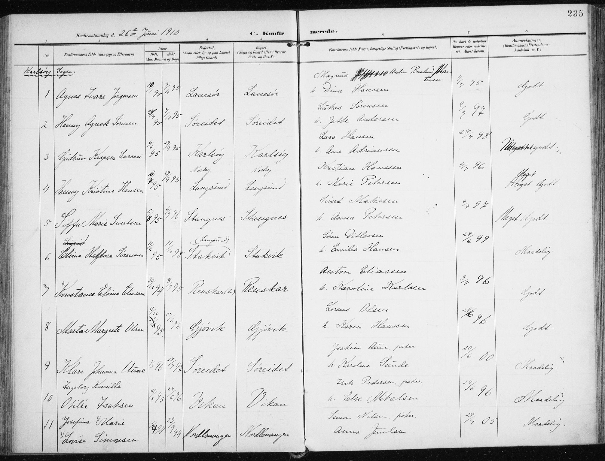 Karlsøy sokneprestembete, SATØ/S-1299/H/Ha/Haa/L0014kirke: Parish register (official) no. 14, 1903-1917, p. 235