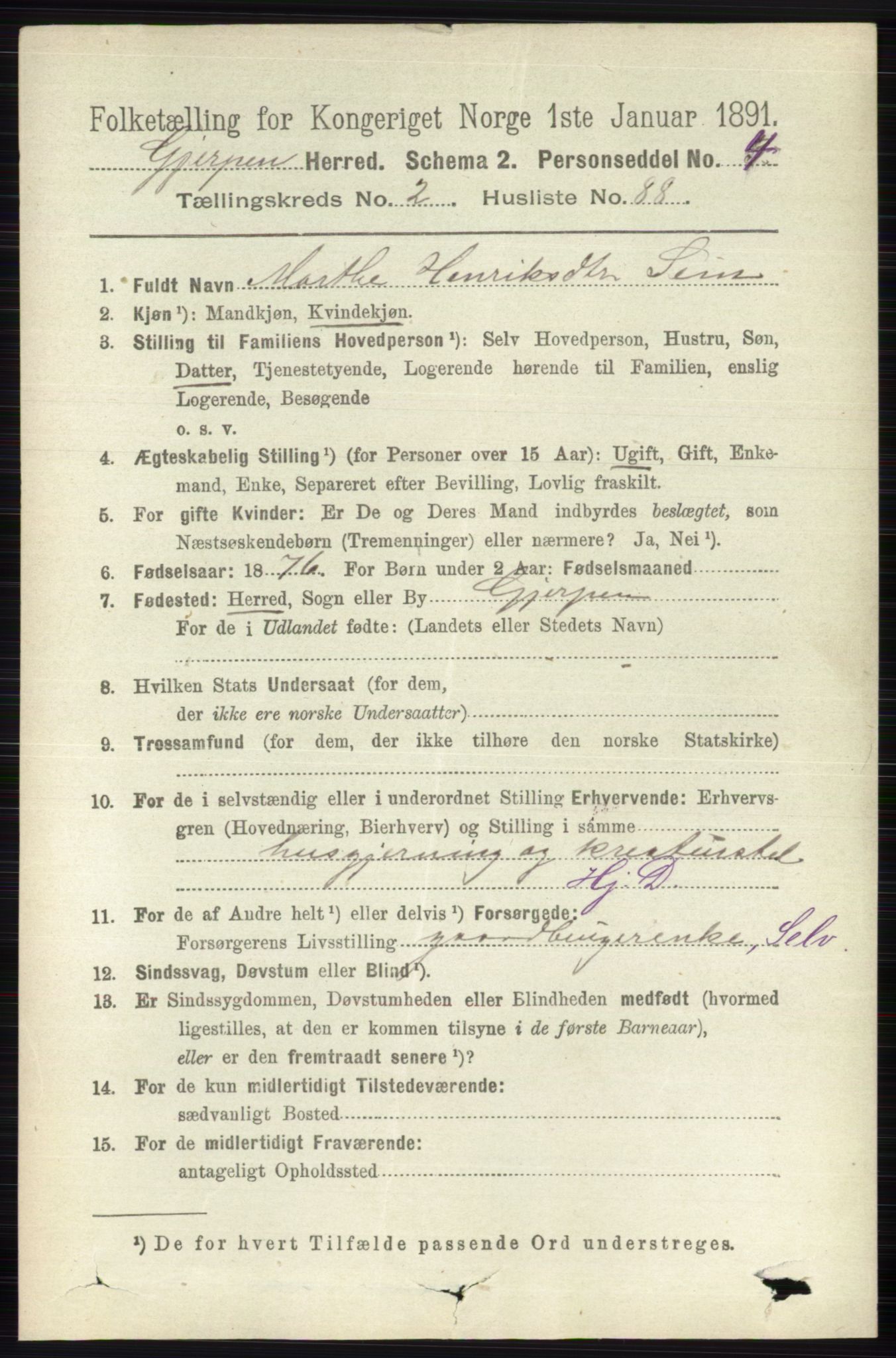 RA, 1891 census for 0812 Gjerpen, 1891, p. 1407