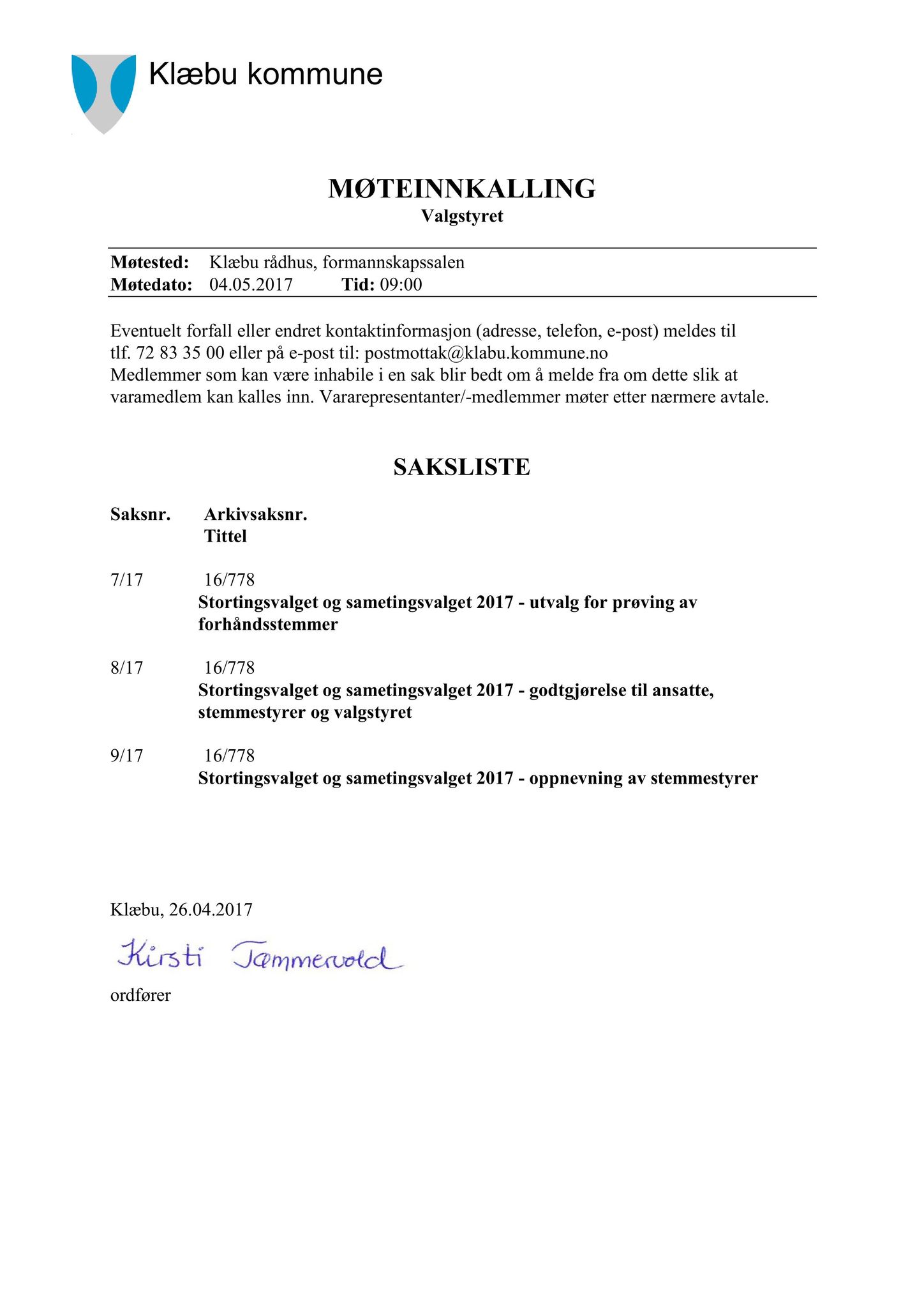 Klæbu Kommune, TRKO/KK/10-VS/L003: Valgnemnda - Møtedokumenter, 2017, p. 29