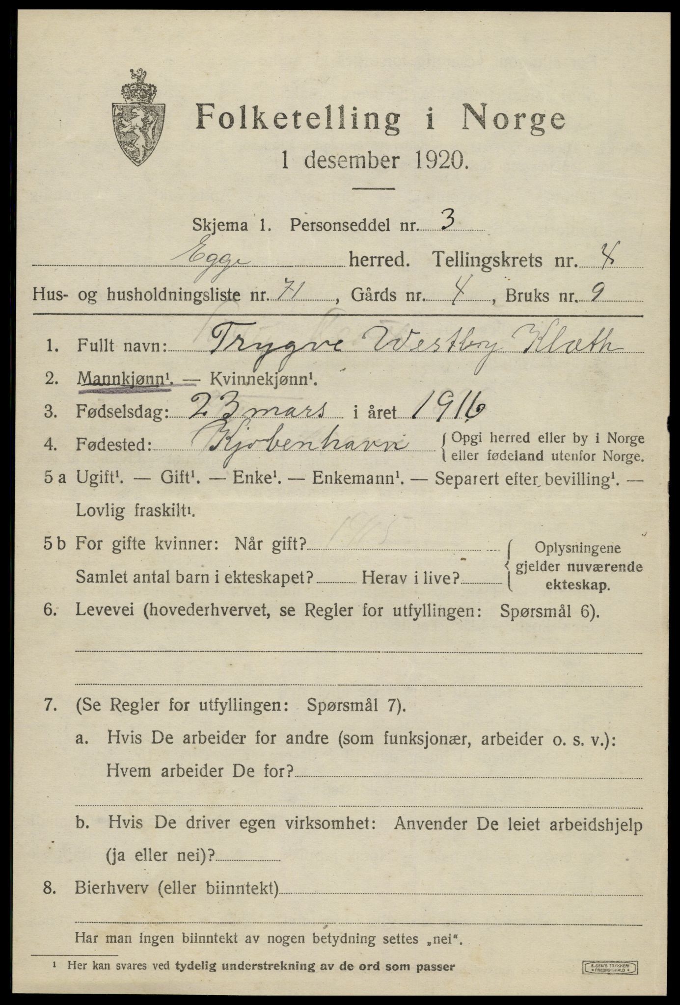 SAT, 1920 census for Egge, 1920, p. 3336