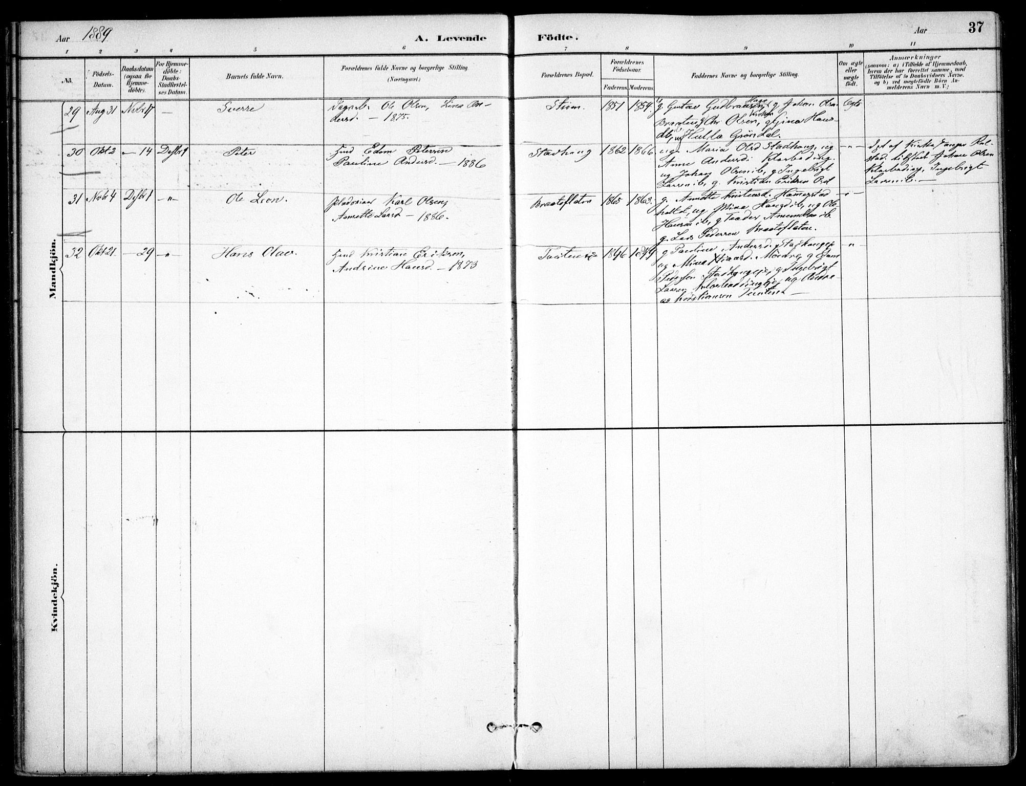 Nes prestekontor Kirkebøker, AV/SAO-A-10410/F/Fc/L0002: Parish register (official) no. IIi 2, 1882-1916, p. 37