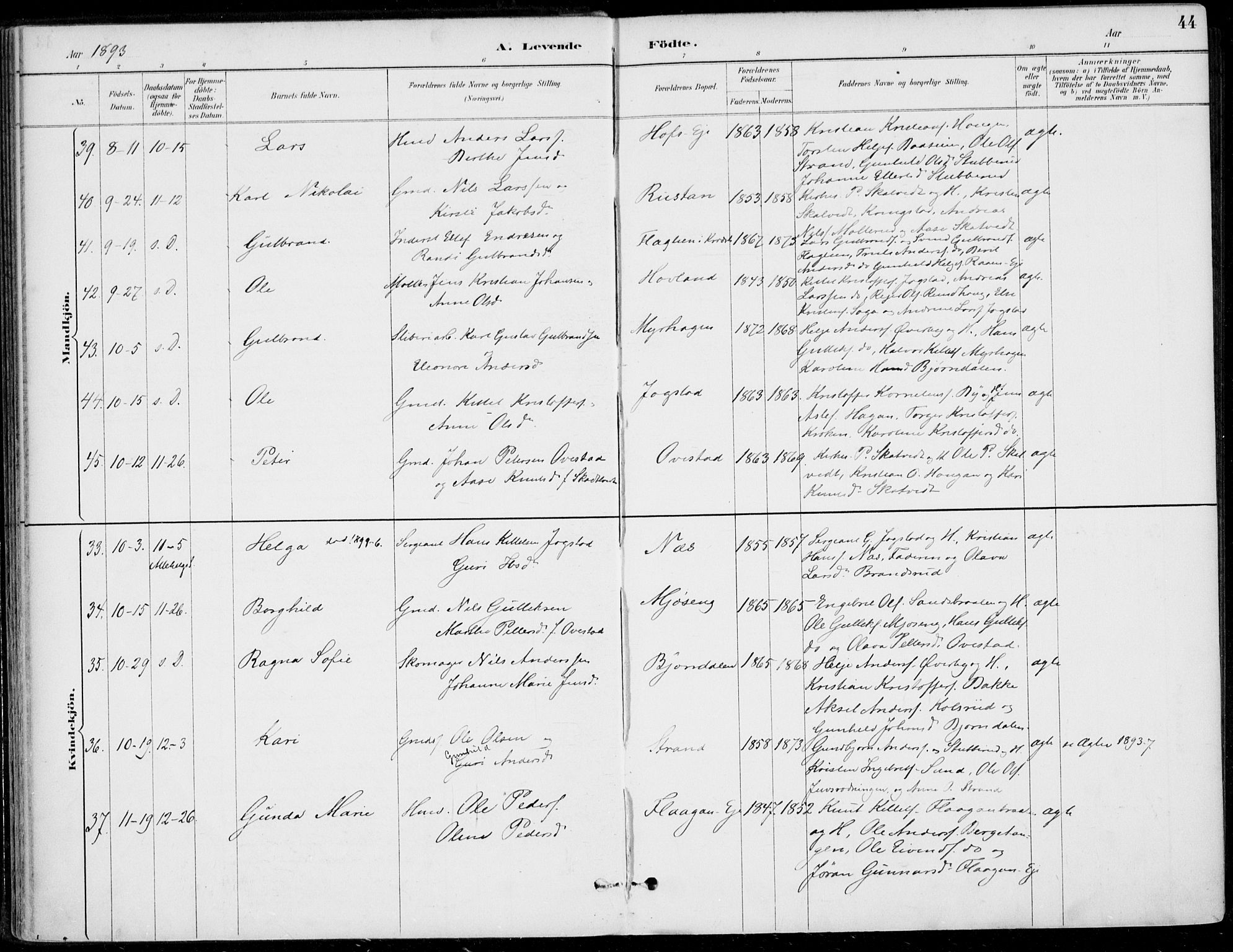 Sigdal kirkebøker, AV/SAKO-A-245/F/Fb/L0001: Parish register (official) no. II 1, 1888-1900, p. 44