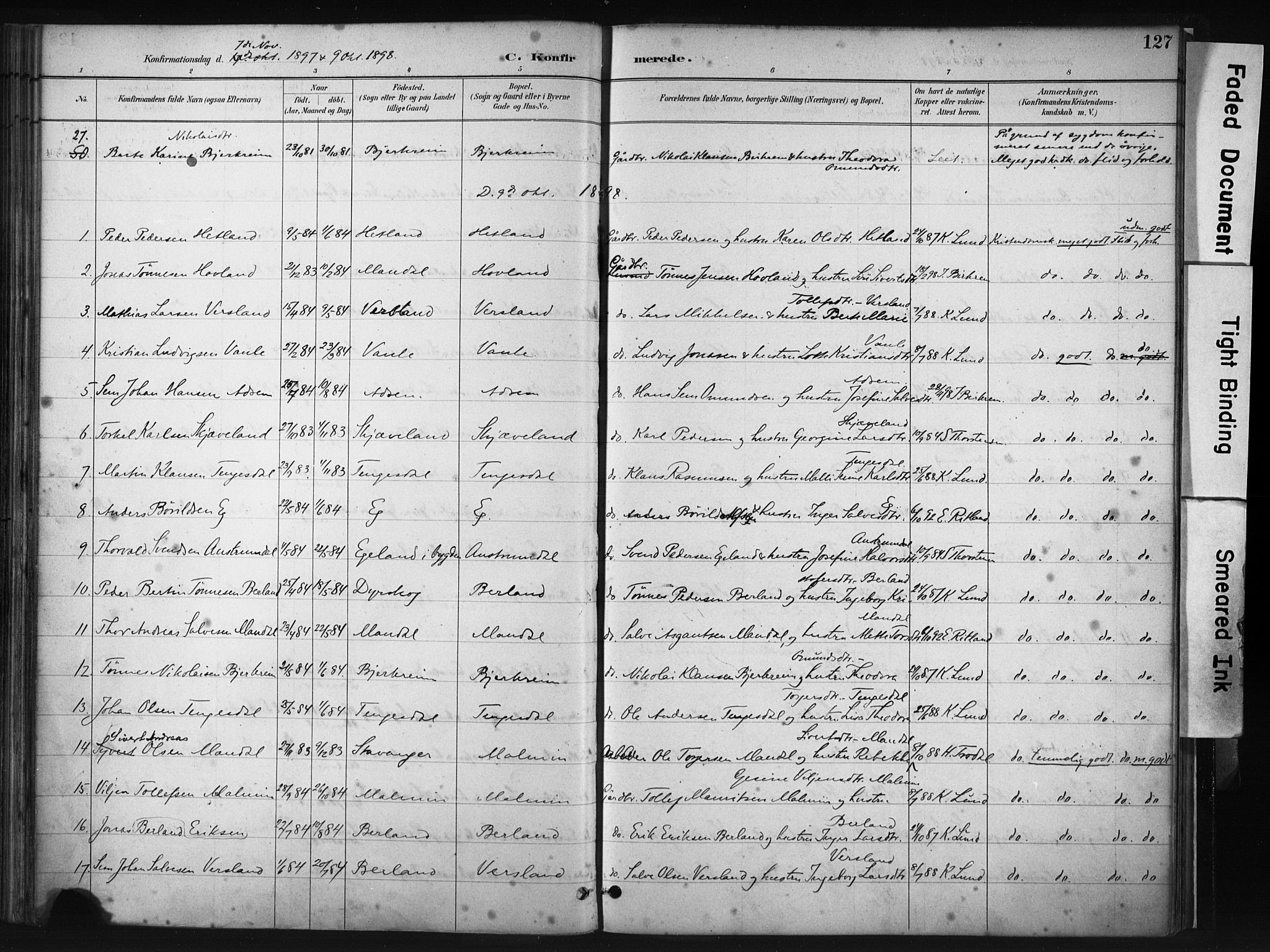 Helleland sokneprestkontor, AV/SAST-A-101810: Parish register (official) no. A 9, 1887-1908, p. 127