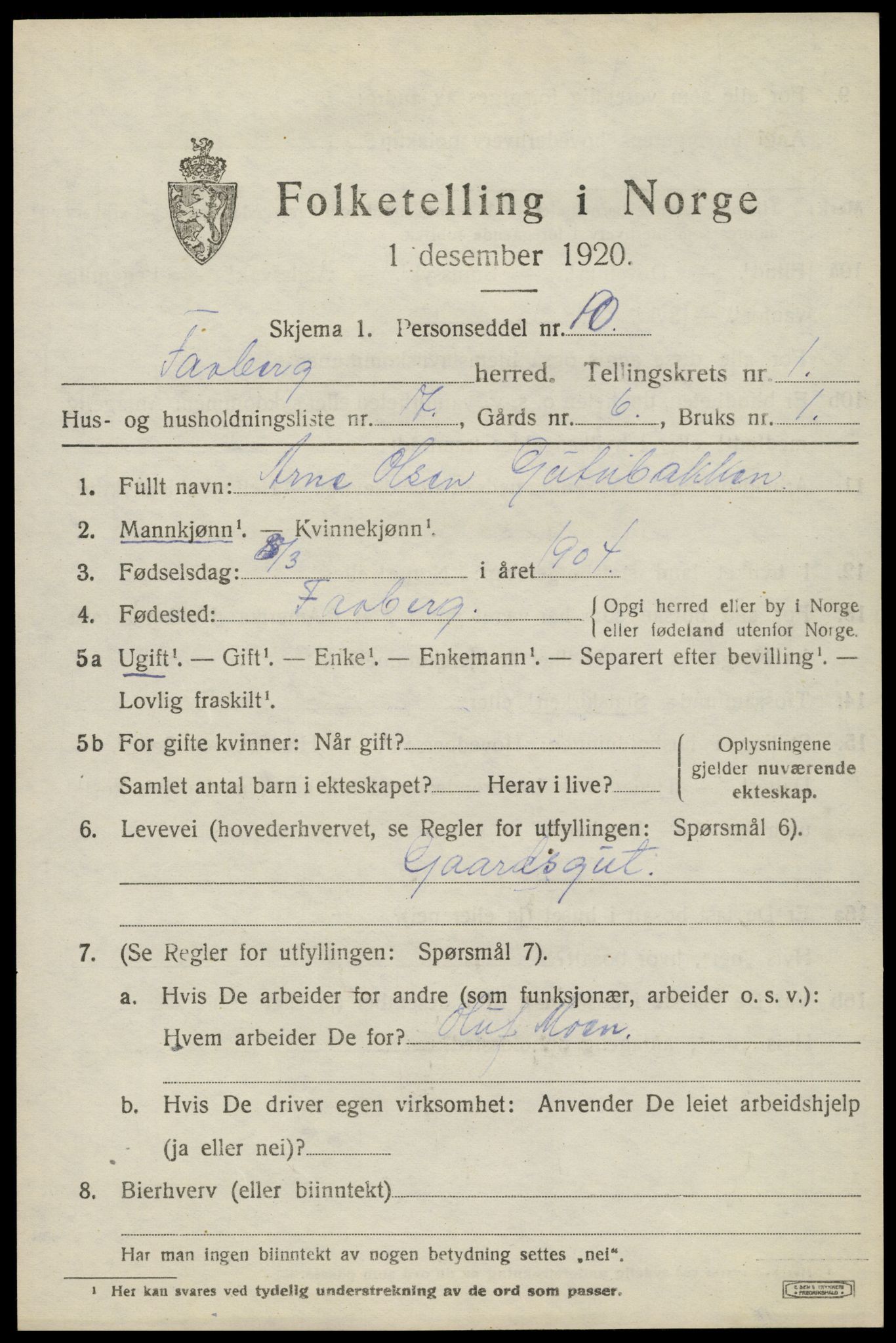 SAH, 1920 census for Fåberg, 1920, p. 2460