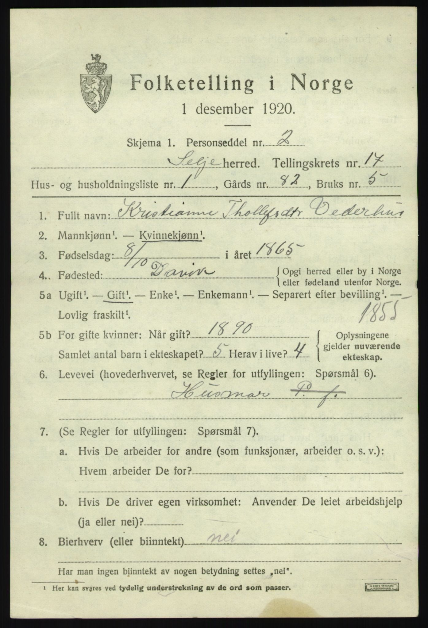 SAB, 1920 census for Selje, 1920, p. 7517