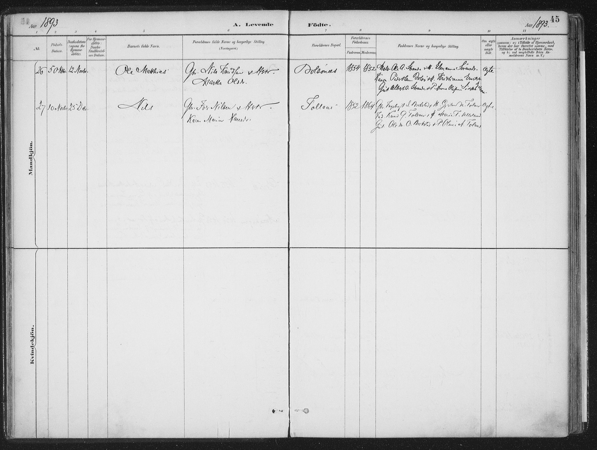 Ministerialprotokoller, klokkerbøker og fødselsregistre - Møre og Romsdal, AV/SAT-A-1454/555/L0658: Parish register (official) no. 555A09, 1887-1917, p. 45