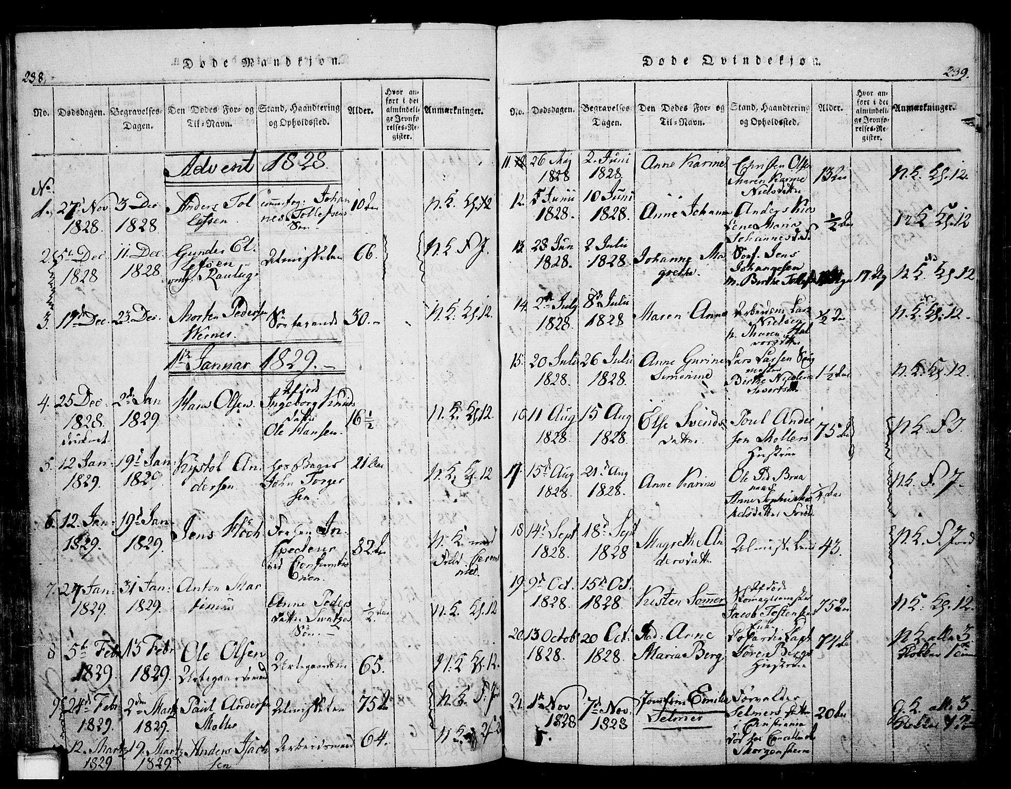 Skien kirkebøker, SAKO/A-302/G/Ga/L0002: Parish register (copy) no. 2, 1814-1842, p. 238-239
