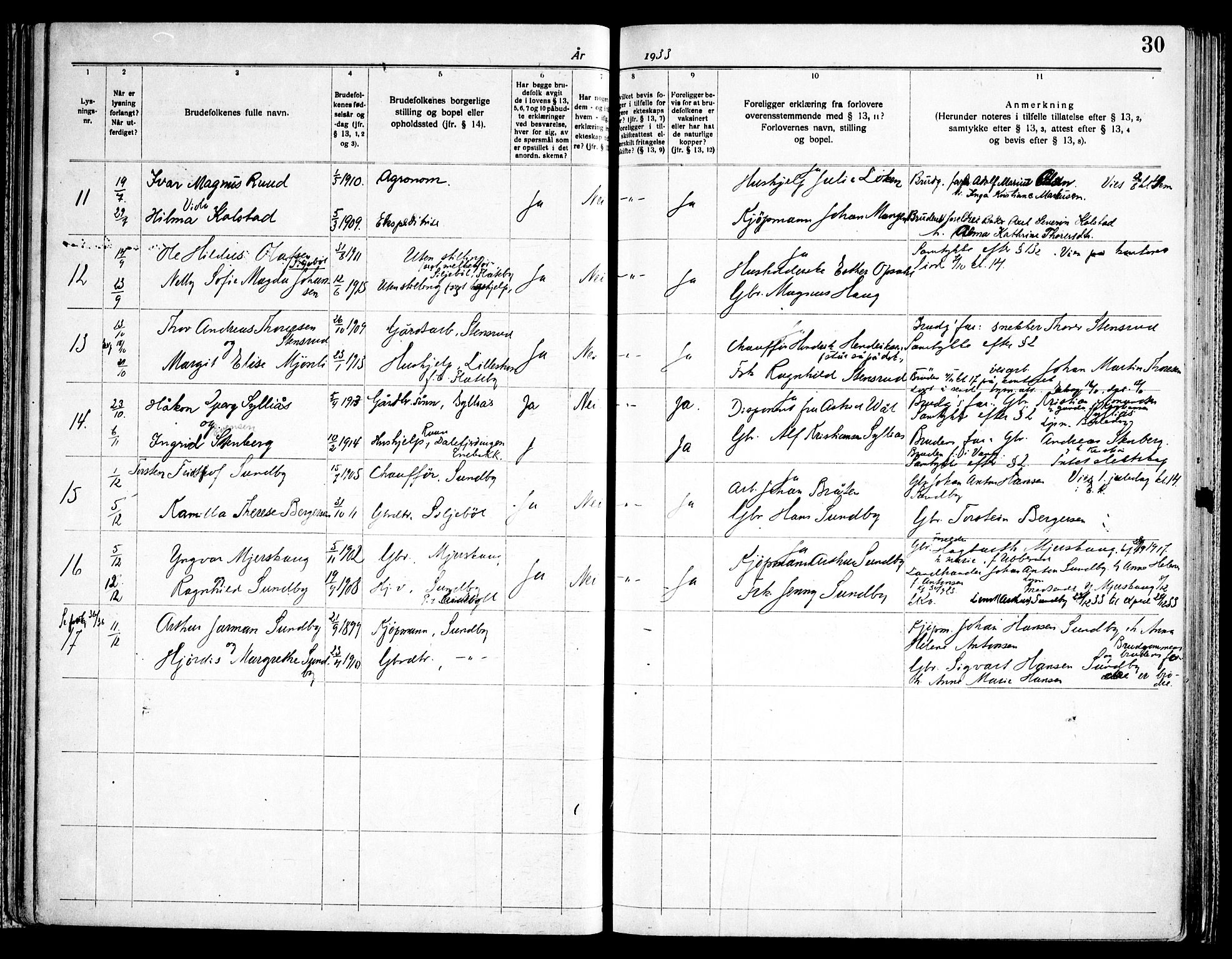 Enebakk prestekontor Kirkebøker, SAO/A-10171c/H/Ha/L0001: Banns register no. 1, 1919-1958, p. 30
