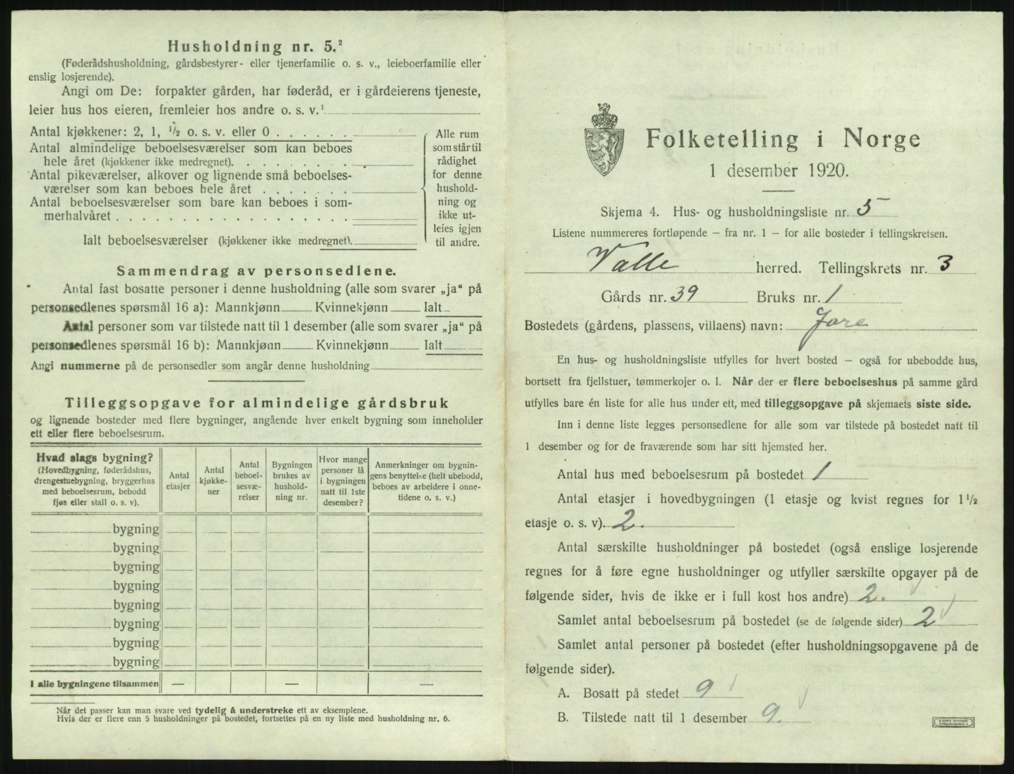 SAK, 1920 census for Valle, 1920, p. 231