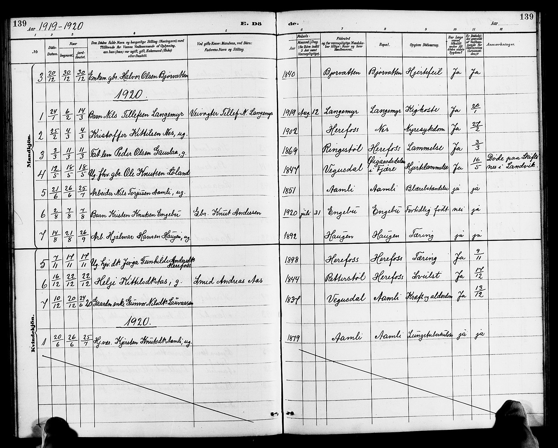Herefoss sokneprestkontor, SAK/1111-0019/F/Fb/Fba/L0003: Parish register (copy) no. B 3, 1887-1925, p. 139