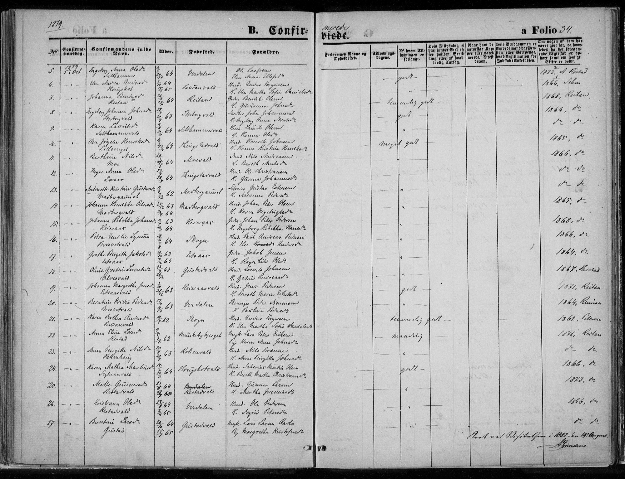 Ministerialprotokoller, klokkerbøker og fødselsregistre - Nord-Trøndelag, SAT/A-1458/720/L0187: Parish register (official) no. 720A04 /1, 1875-1879, p. 34
