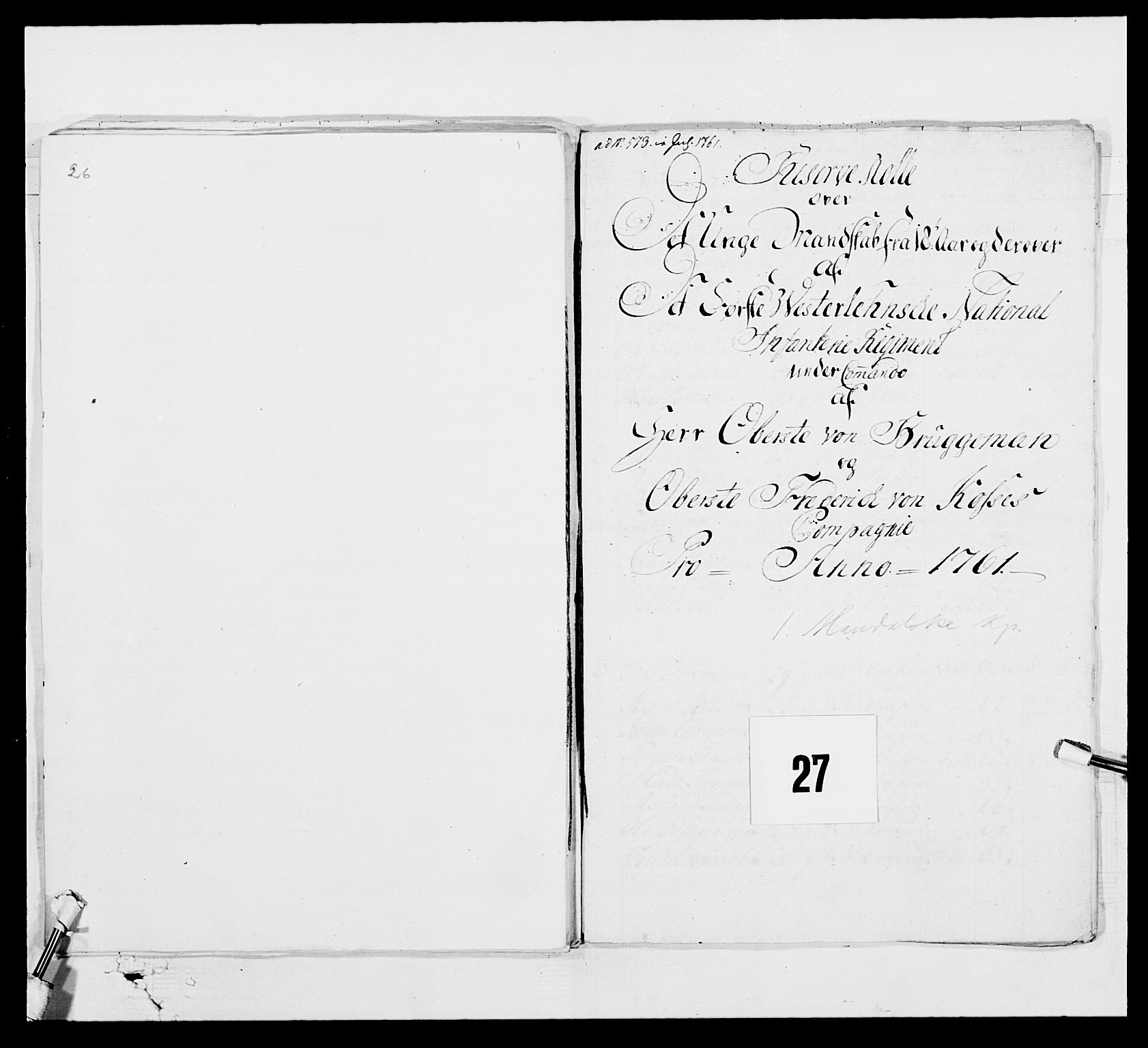 Kommanderende general (KG I) med Det norske krigsdirektorium, RA/EA-5419/E/Ea/L0522b: 1. Vesterlenske regiment, 1756-1767, p. 186