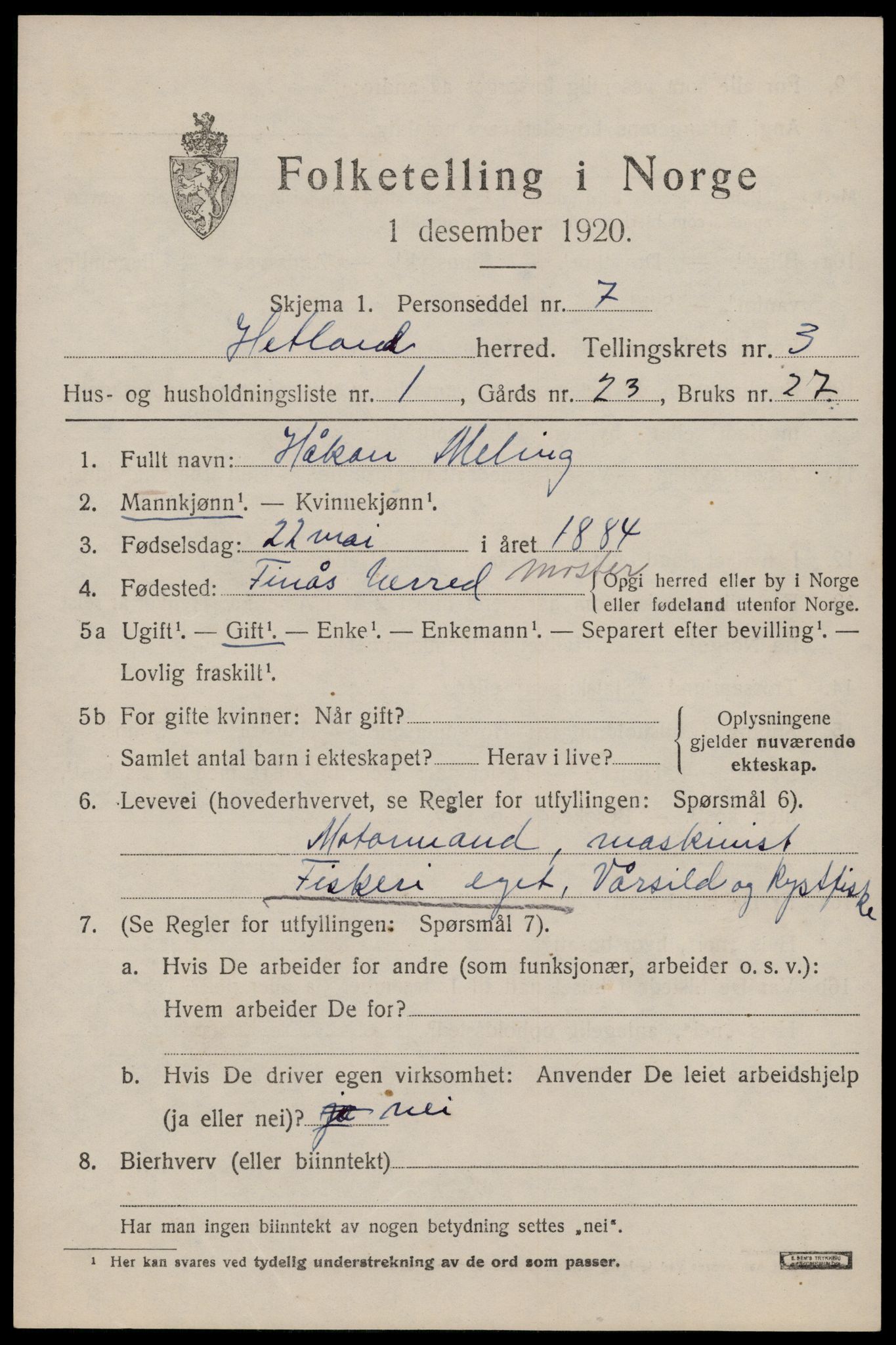 SAST, 1920 census for Hetland, 1920, p. 5221