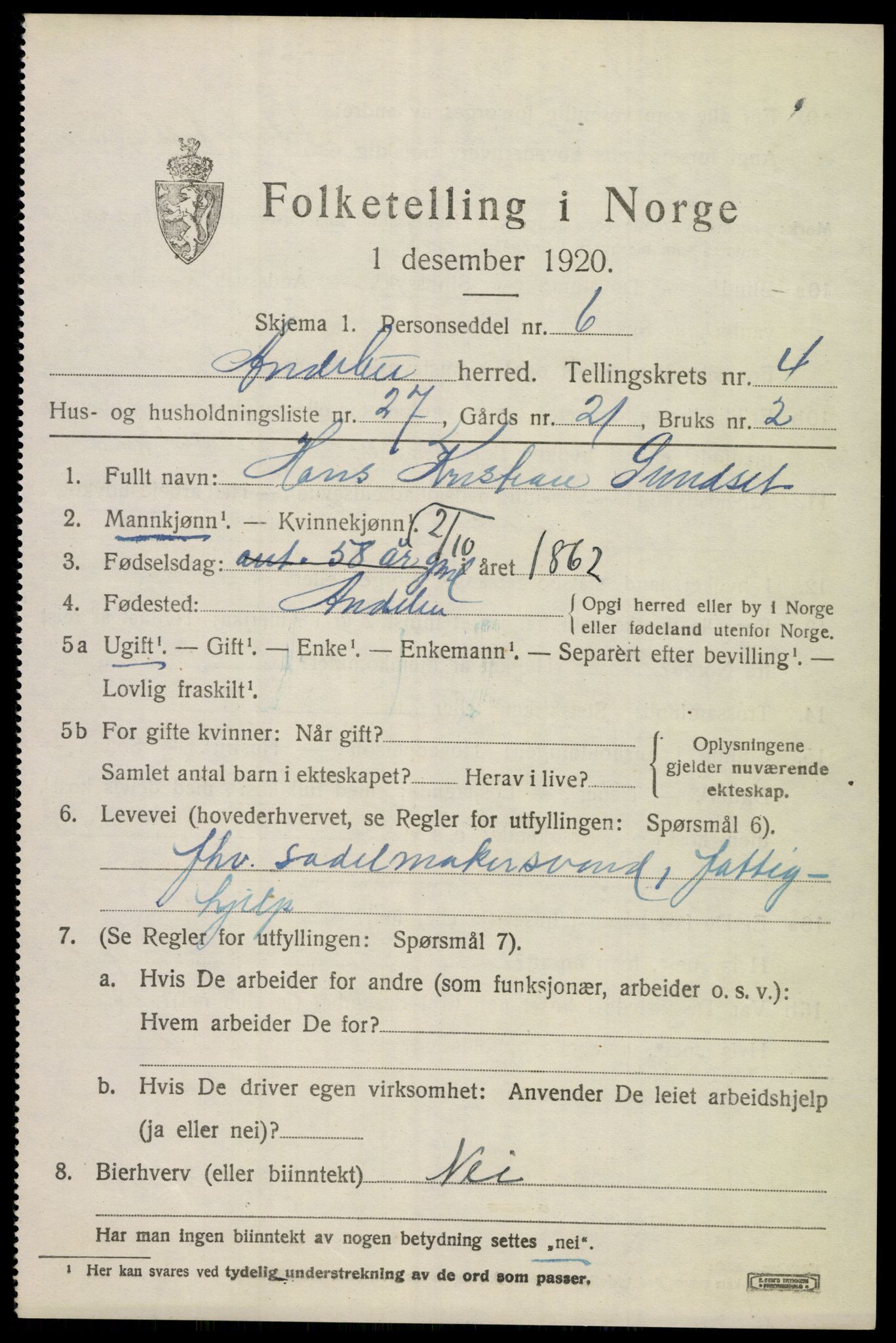 SAKO, 1920 census for Andebu, 1920, p. 2626