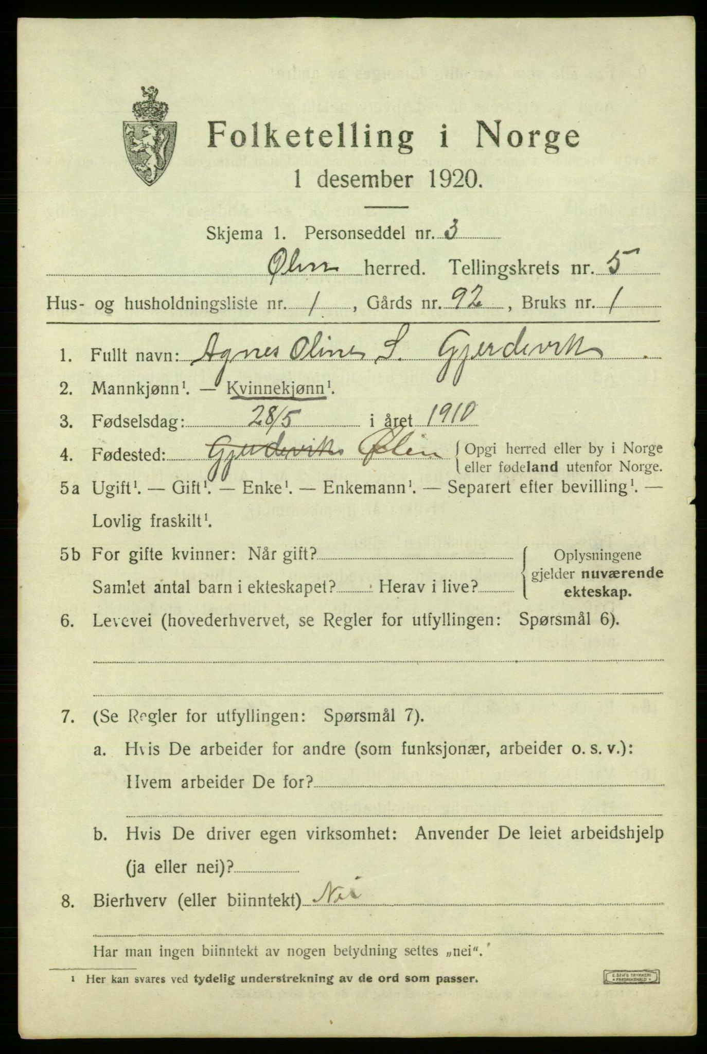 SAB, 1920 census for Ølen, 1920, p. 2323