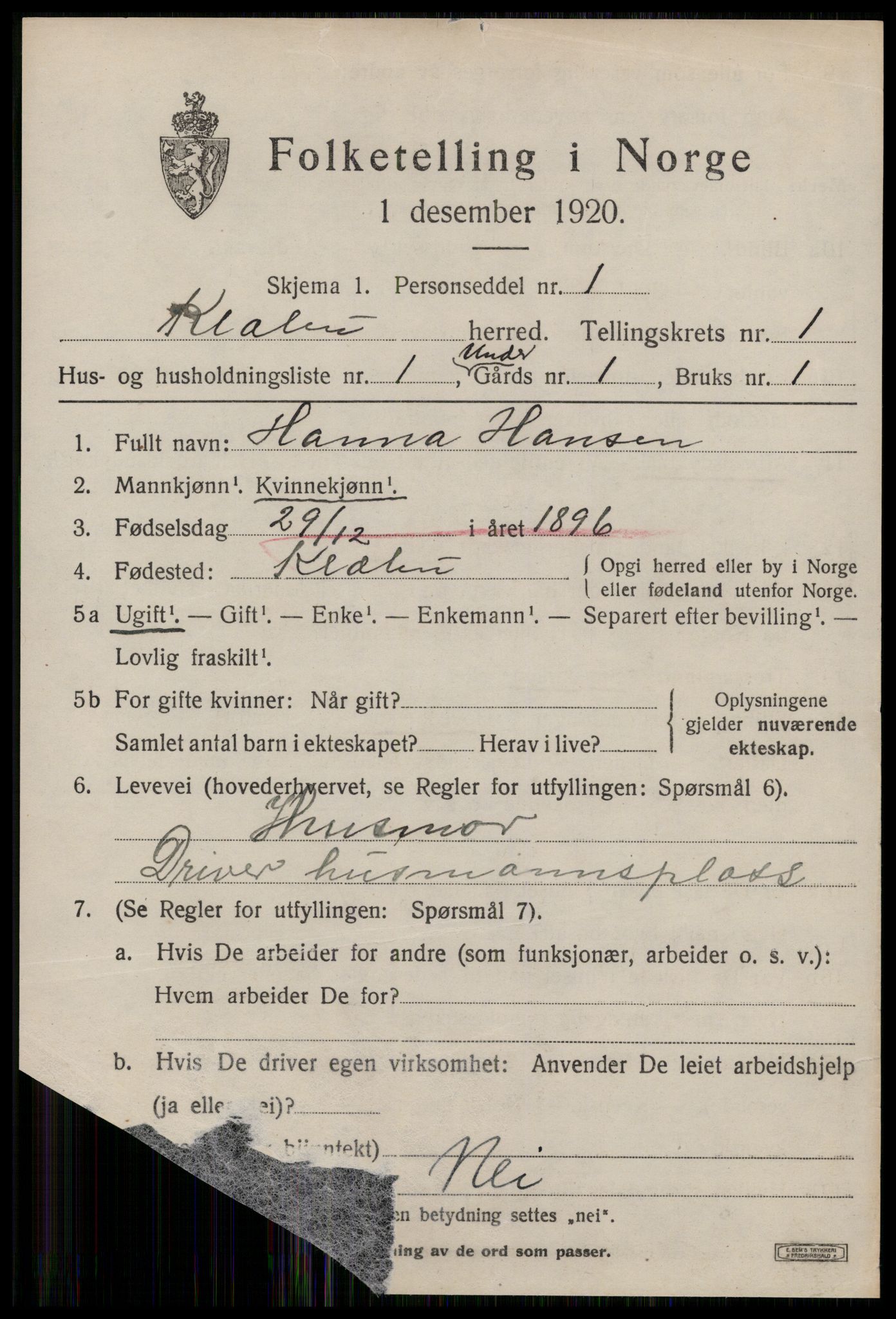 SAT, 1920 census for Klæbu, 1920, p. 352