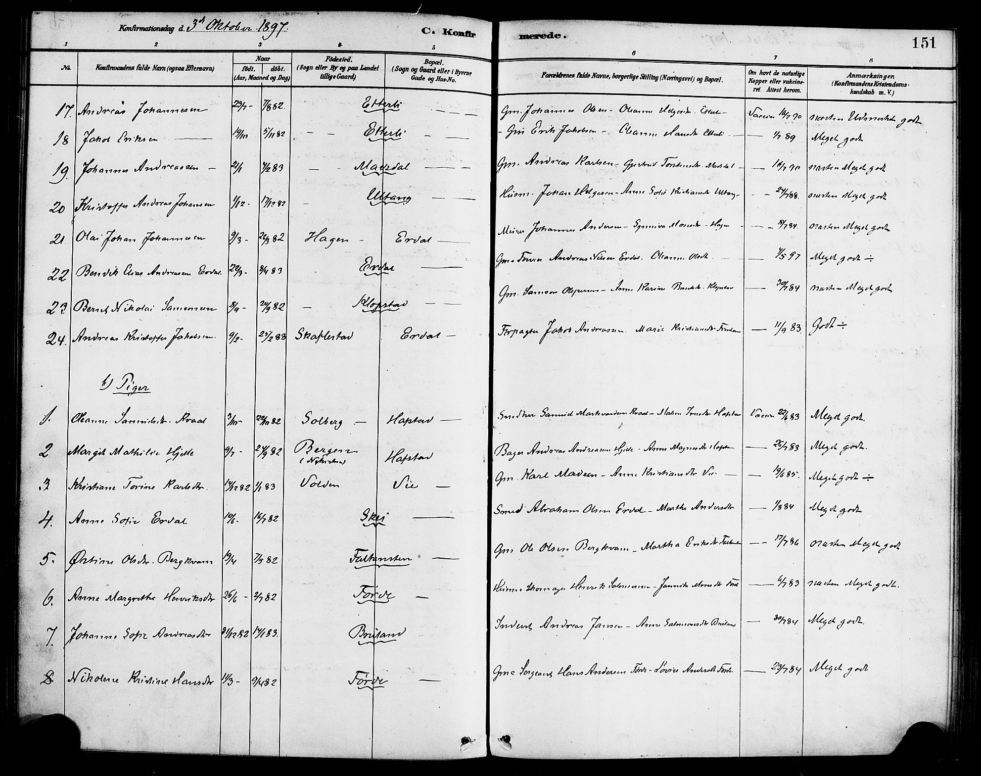 Førde sokneprestembete, AV/SAB-A-79901/H/Haa/Haab/L0001: Parish register (official) no. B 1, 1880-1898, p. 151