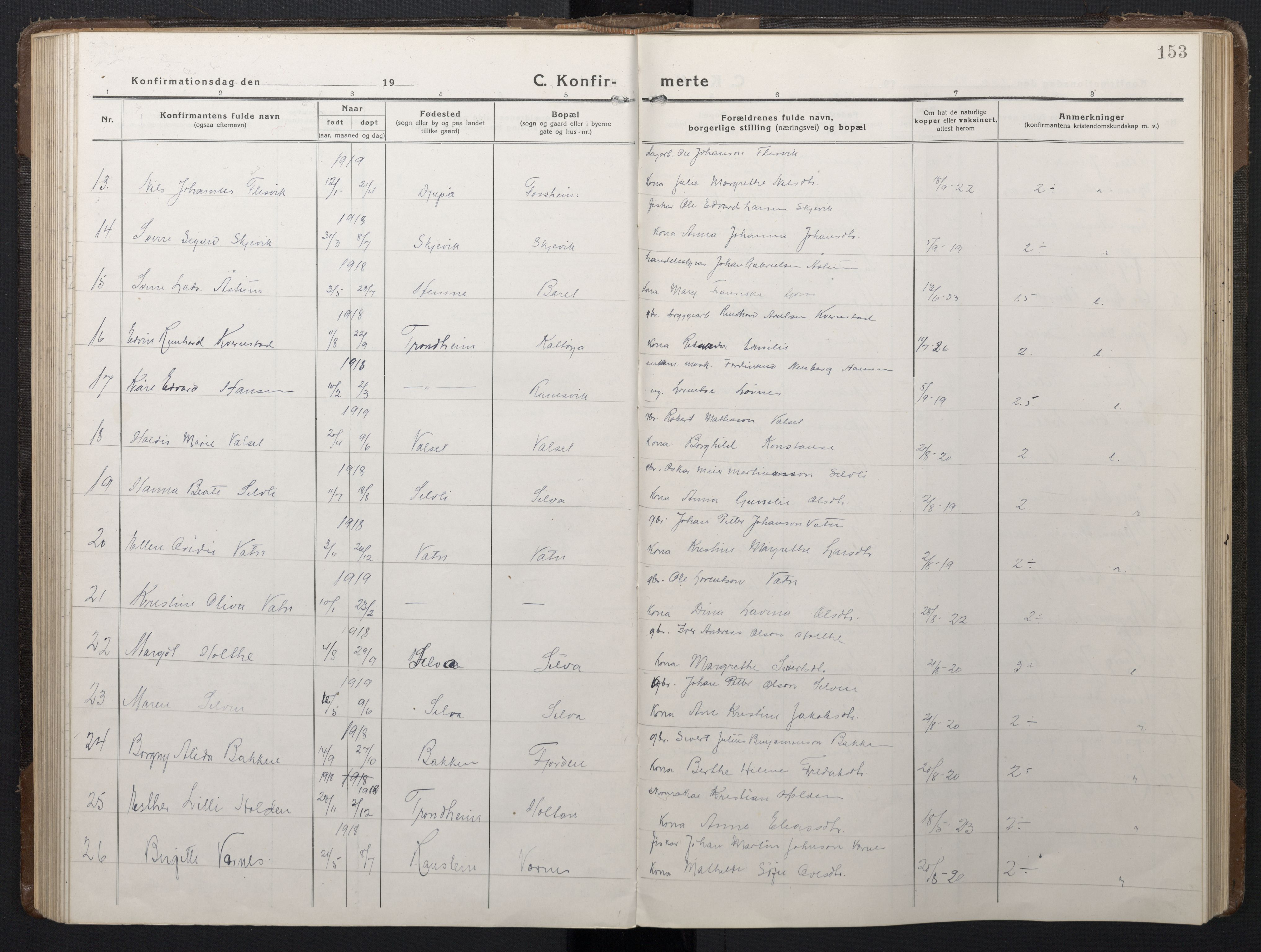 Ministerialprotokoller, klokkerbøker og fødselsregistre - Sør-Trøndelag, SAT/A-1456/662/L0758: Parish register (copy) no. 662C03, 1918-1948, p. 153
