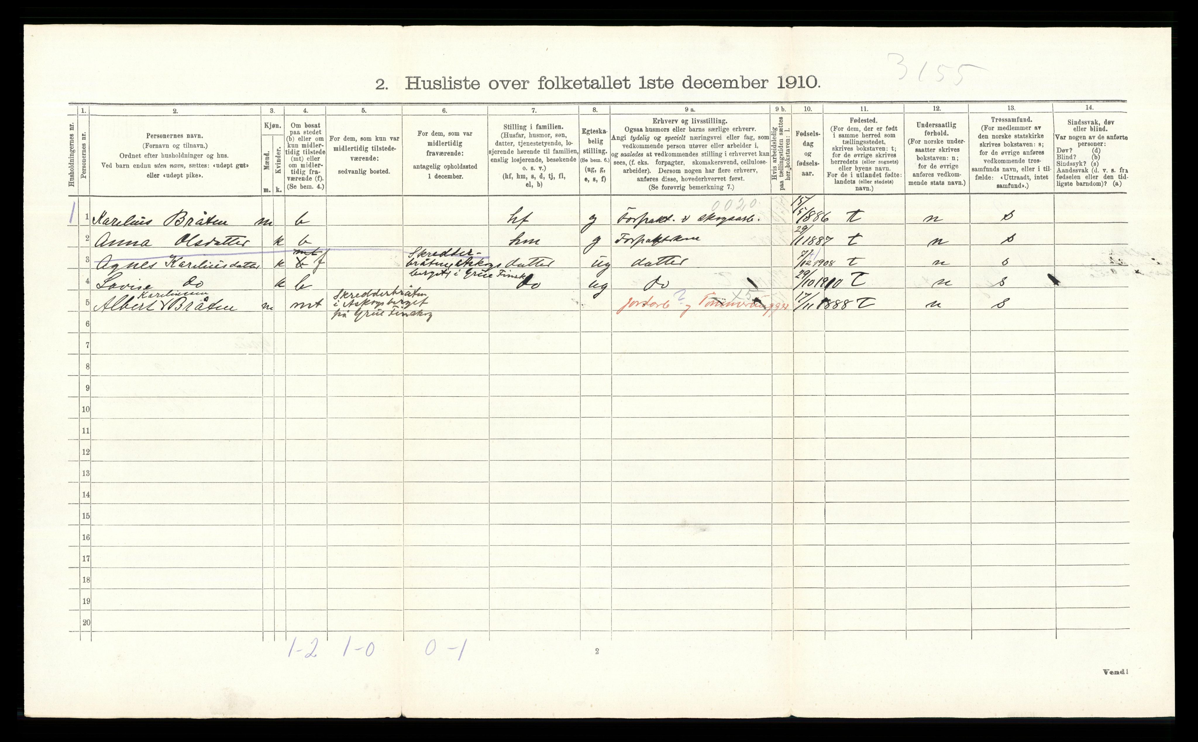 RA, 1910 census for Grue, 1910, p. 1190