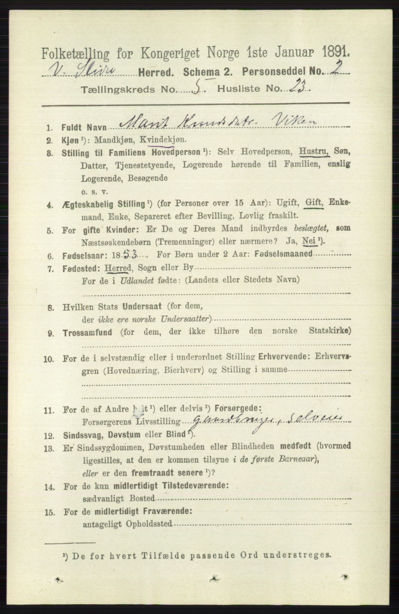 RA, 1891 census for 0543 Vestre Slidre, 1891, p. 1865