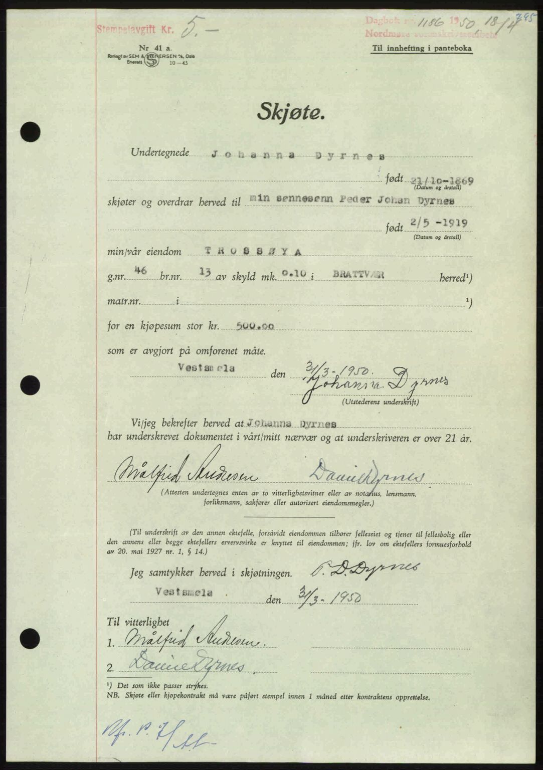 Nordmøre sorenskriveri, AV/SAT-A-4132/1/2/2Ca: Mortgage book no. A114, 1950-1950, Diary no: : 1186/1950