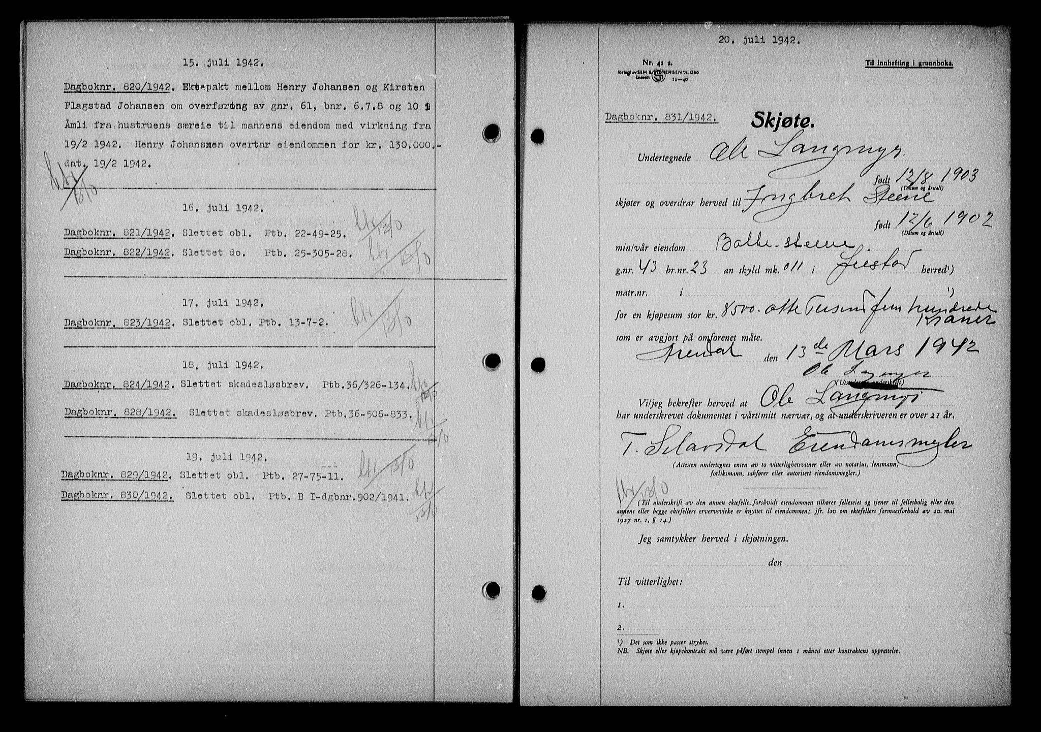 Nedenes sorenskriveri, SAK/1221-0006/G/Gb/Gba/L0049: Mortgage book no. A-III, 1941-1942, Diary no: : 831/1942