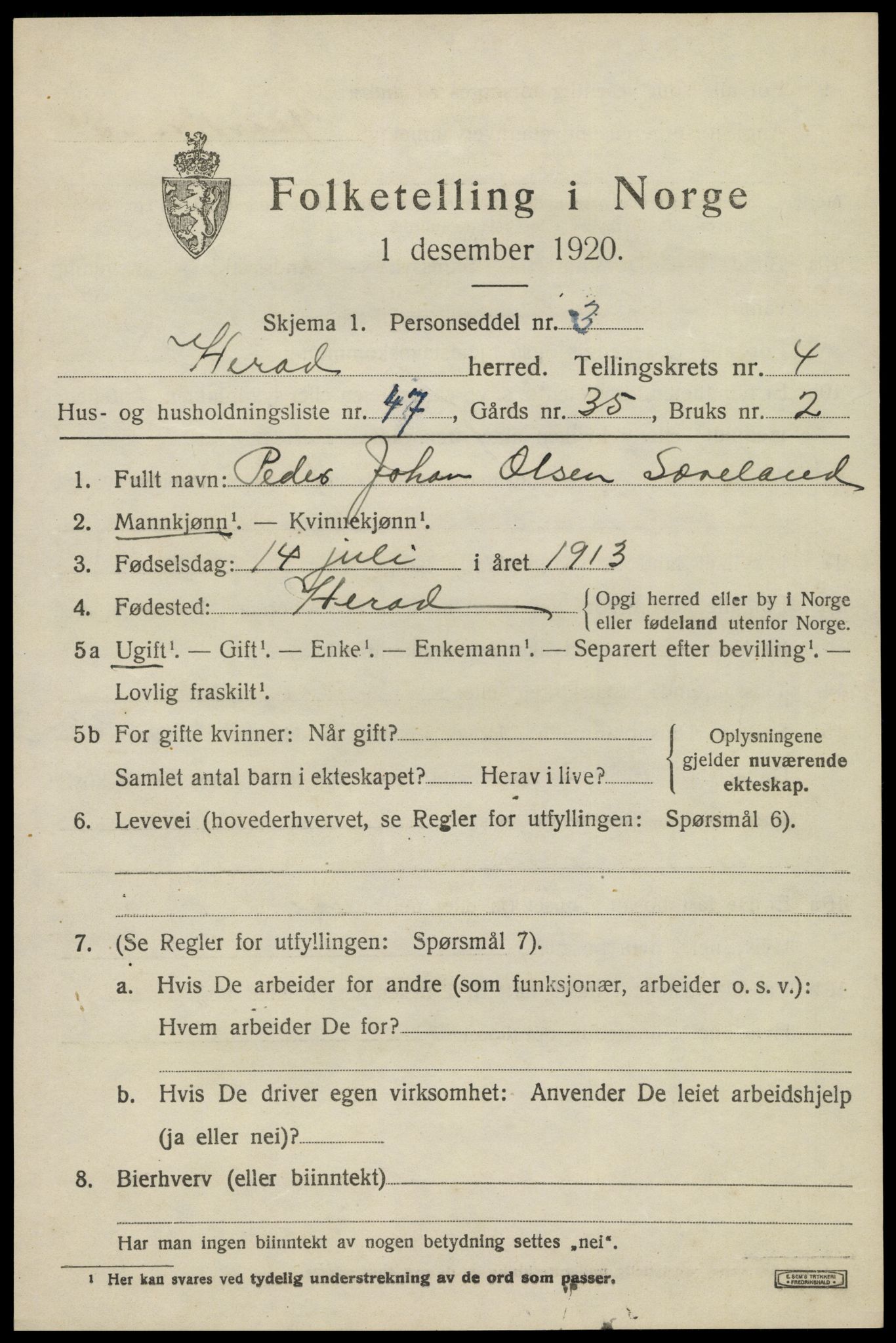 SAK, 1920 census for Herad, 1920, p. 2194