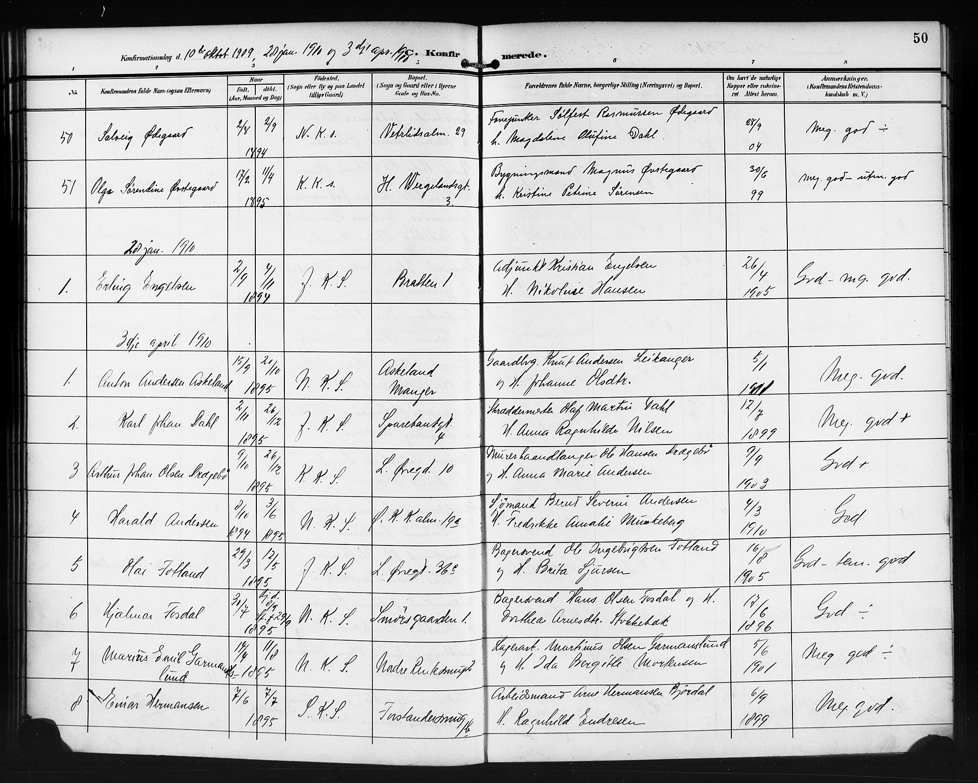 Korskirken sokneprestembete, SAB/A-76101/H/Haa/L0031: Parish register (official) no. C 7, 1907-1921, p. 50