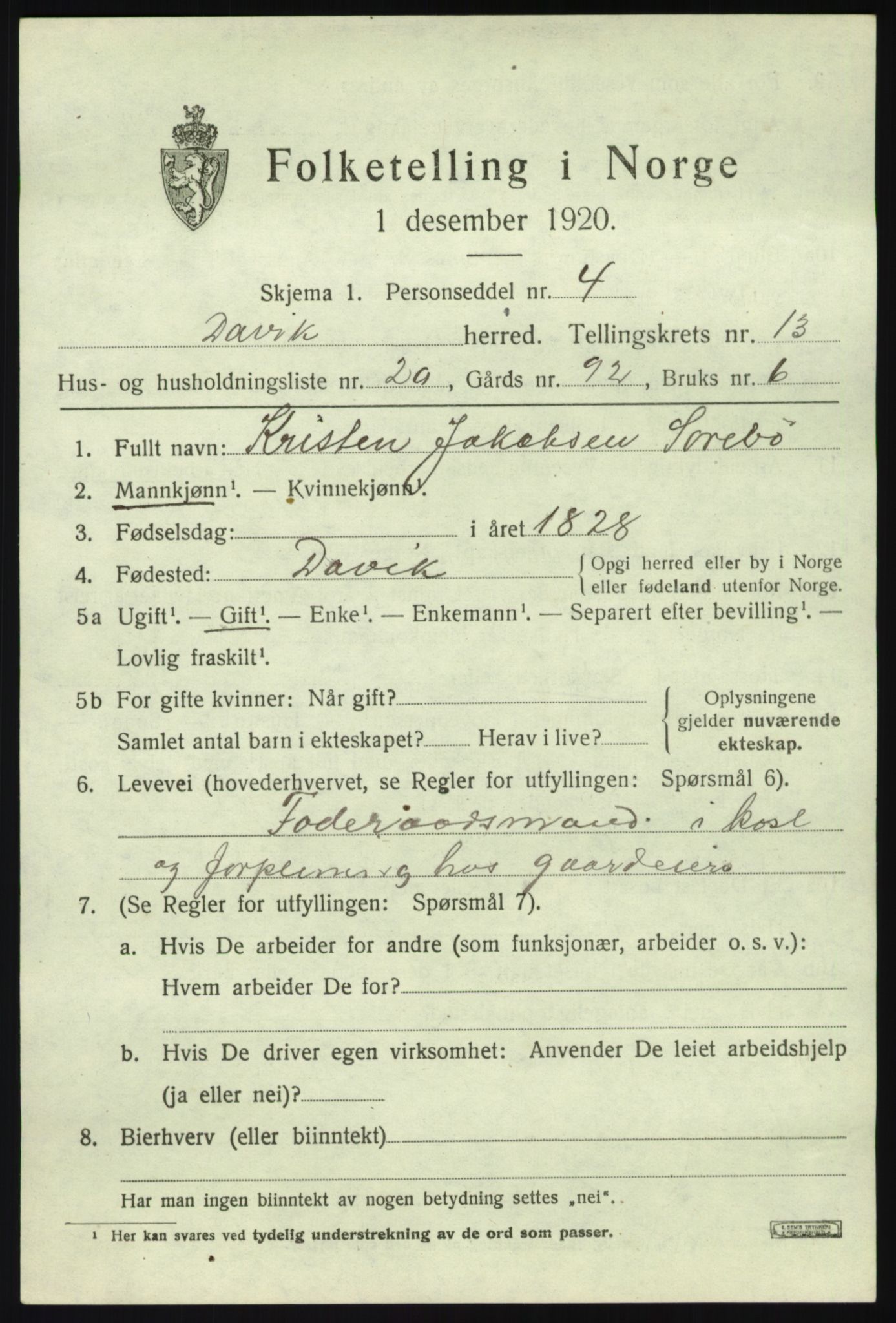 SAB, 1920 census for Davik, 1920, p. 6353