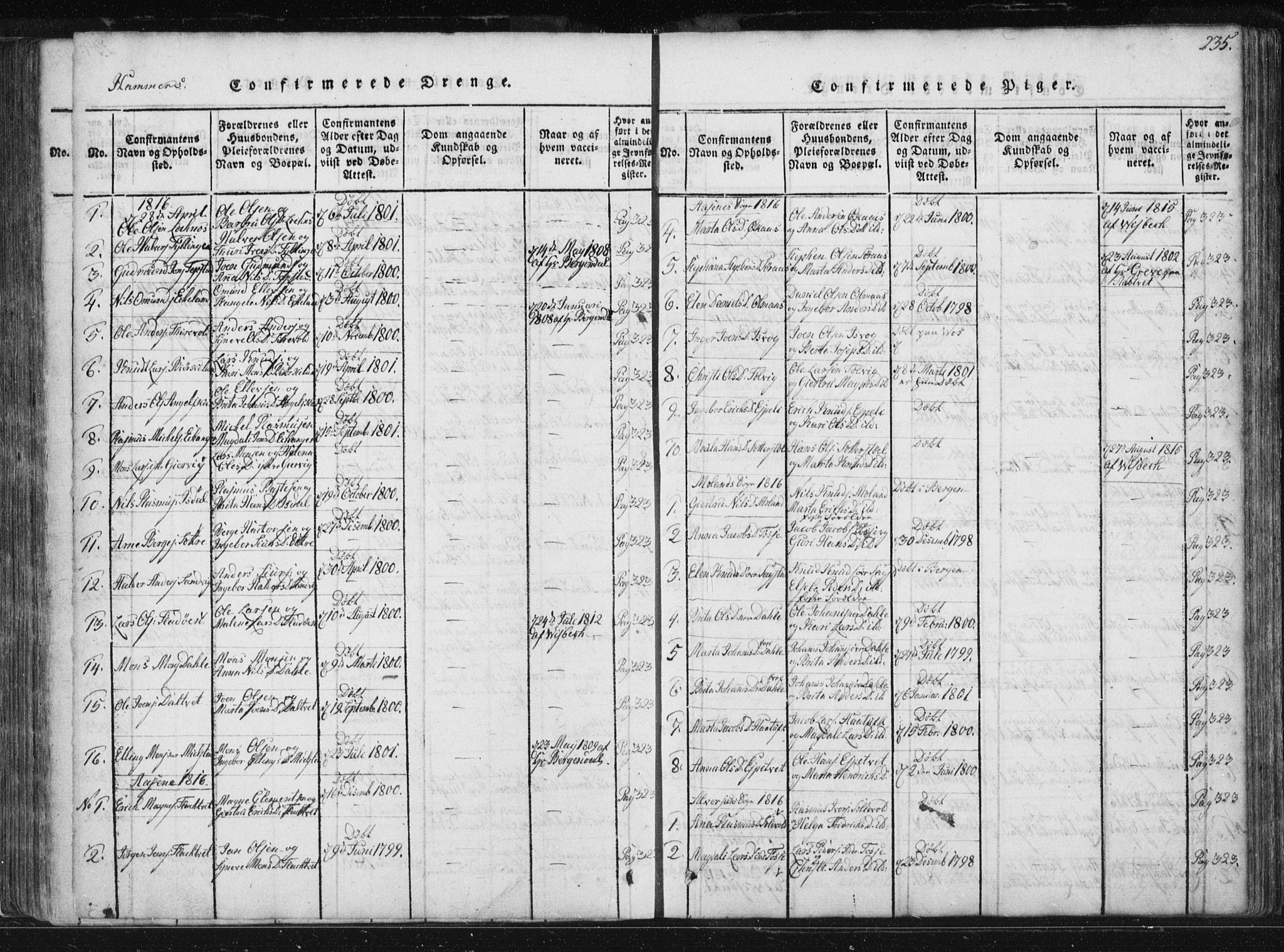 Hamre sokneprestembete, SAB/A-75501/H/Ha/Haa/Haaa/L0010: Parish register (official) no. A 10, 1816-1826, p. 235