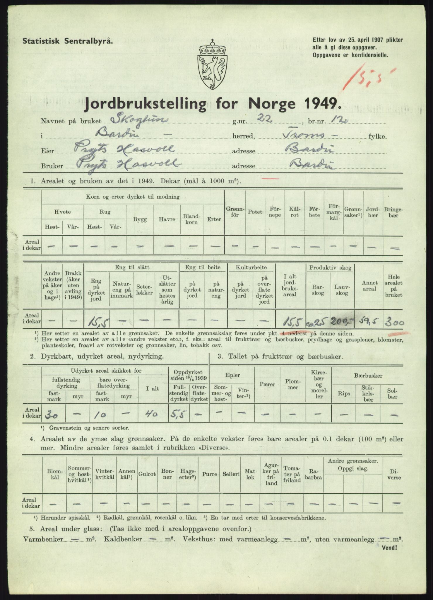 Statistisk sentralbyrå, Næringsøkonomiske emner, Jordbruk, skogbruk, jakt, fiske og fangst, AV/RA-S-2234/G/Gc/L0438: Troms: Salangen og Bardu, 1949, p. 1033