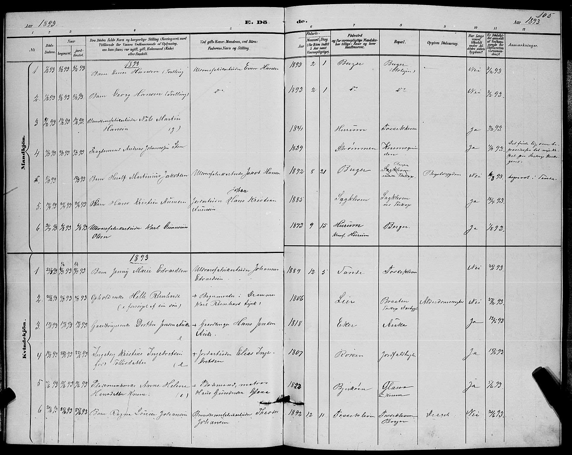 Strømm kirkebøker, AV/SAKO-A-322/G/Ga/L0003: Parish register (copy) no. I 3, 1889-1896, p. 105