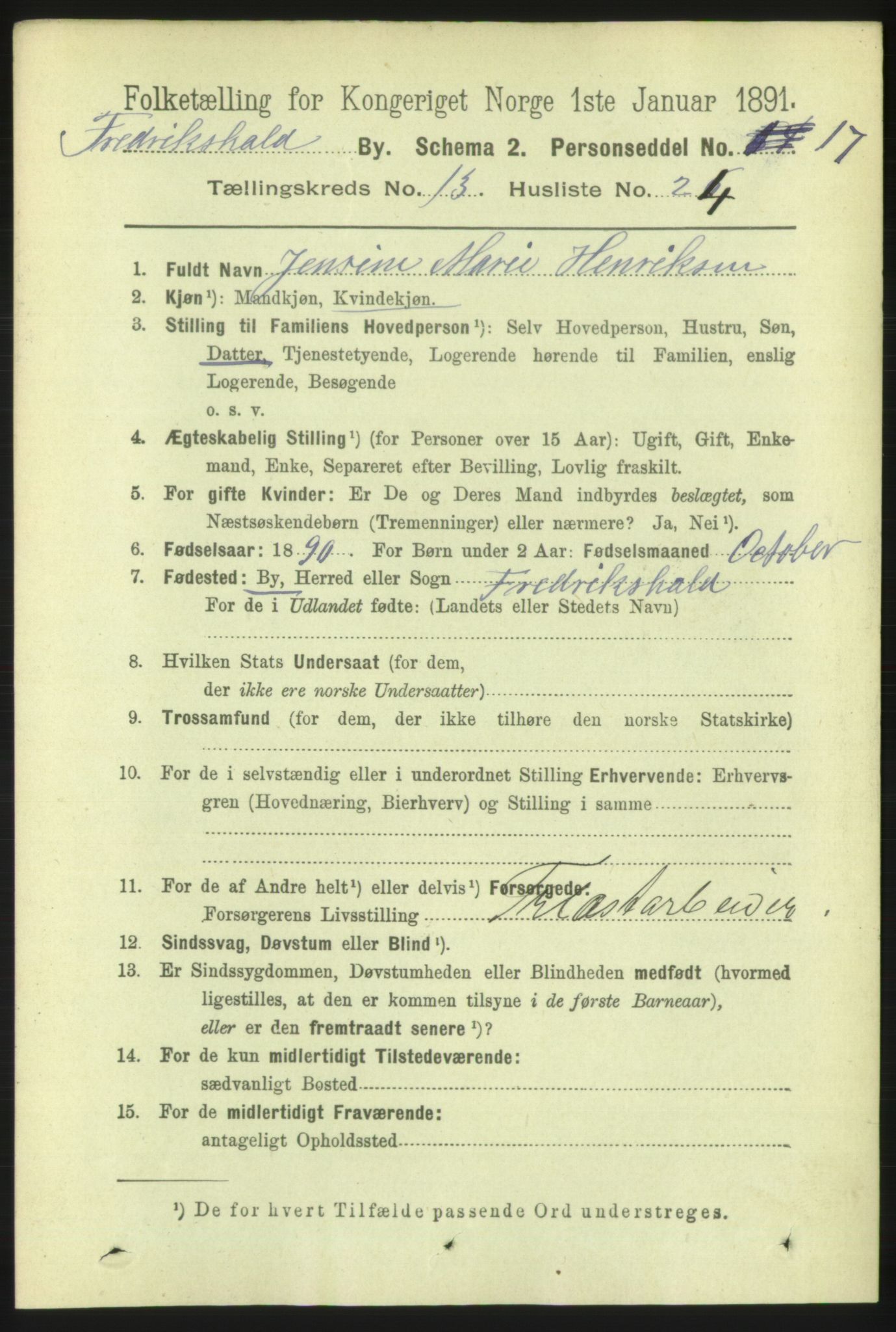 RA, 1891 census for 0101 Fredrikshald, 1891, p. 9007