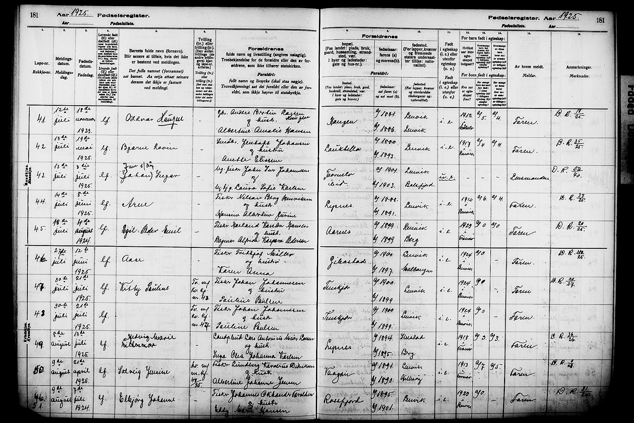 Lenvik sokneprestembete, AV/SATØ-S-1310/I/Ic/L0089: Birth register no. 89, 1916-1926, p. 181