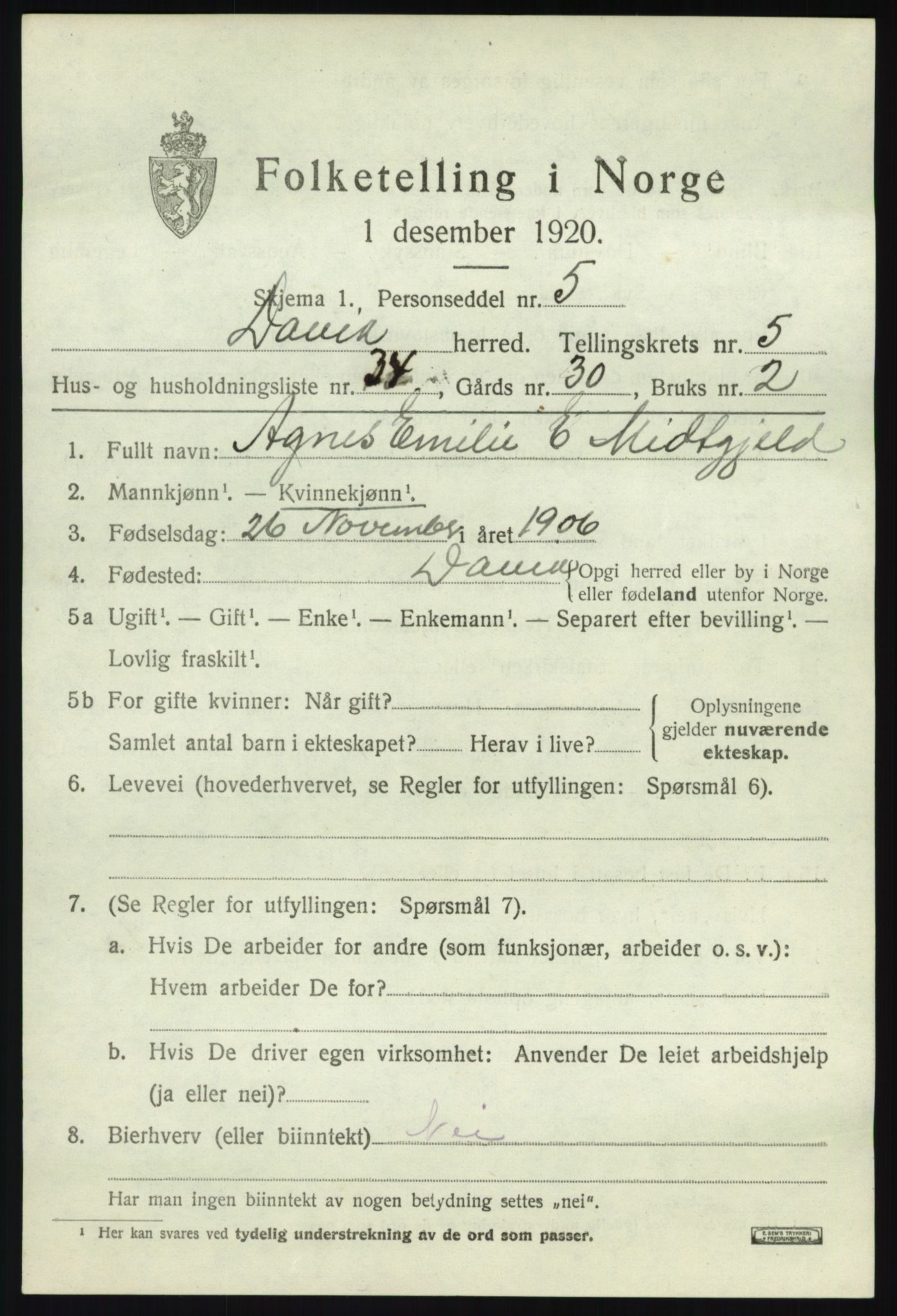 SAB, 1920 census for Davik, 1920, p. 3325