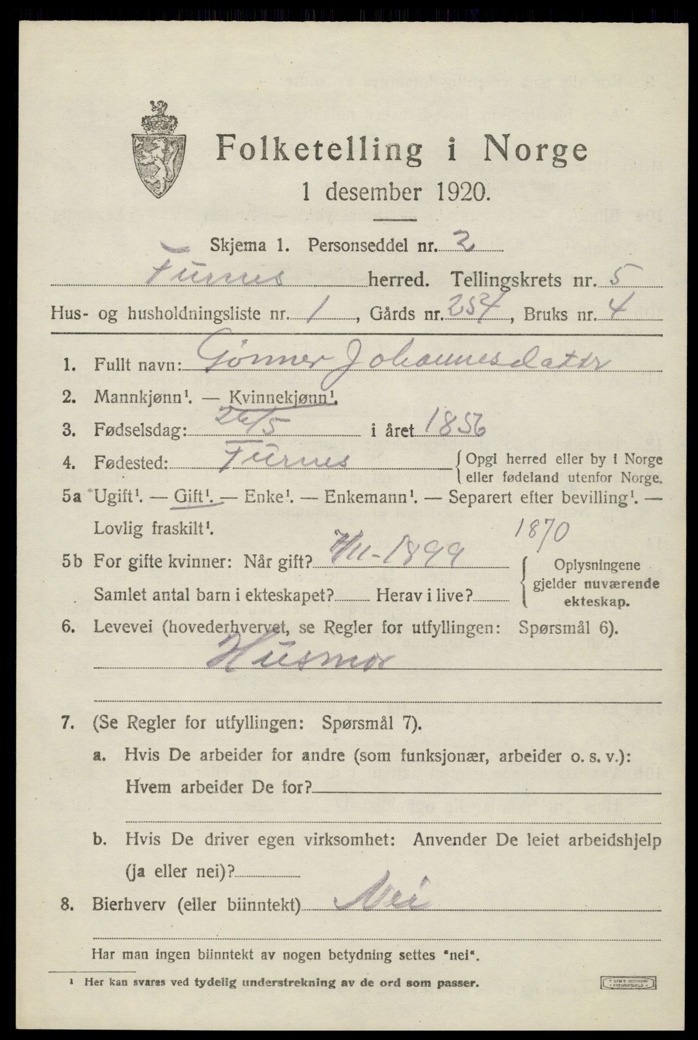 SAH, 1920 census for Furnes, 1920, p. 7103