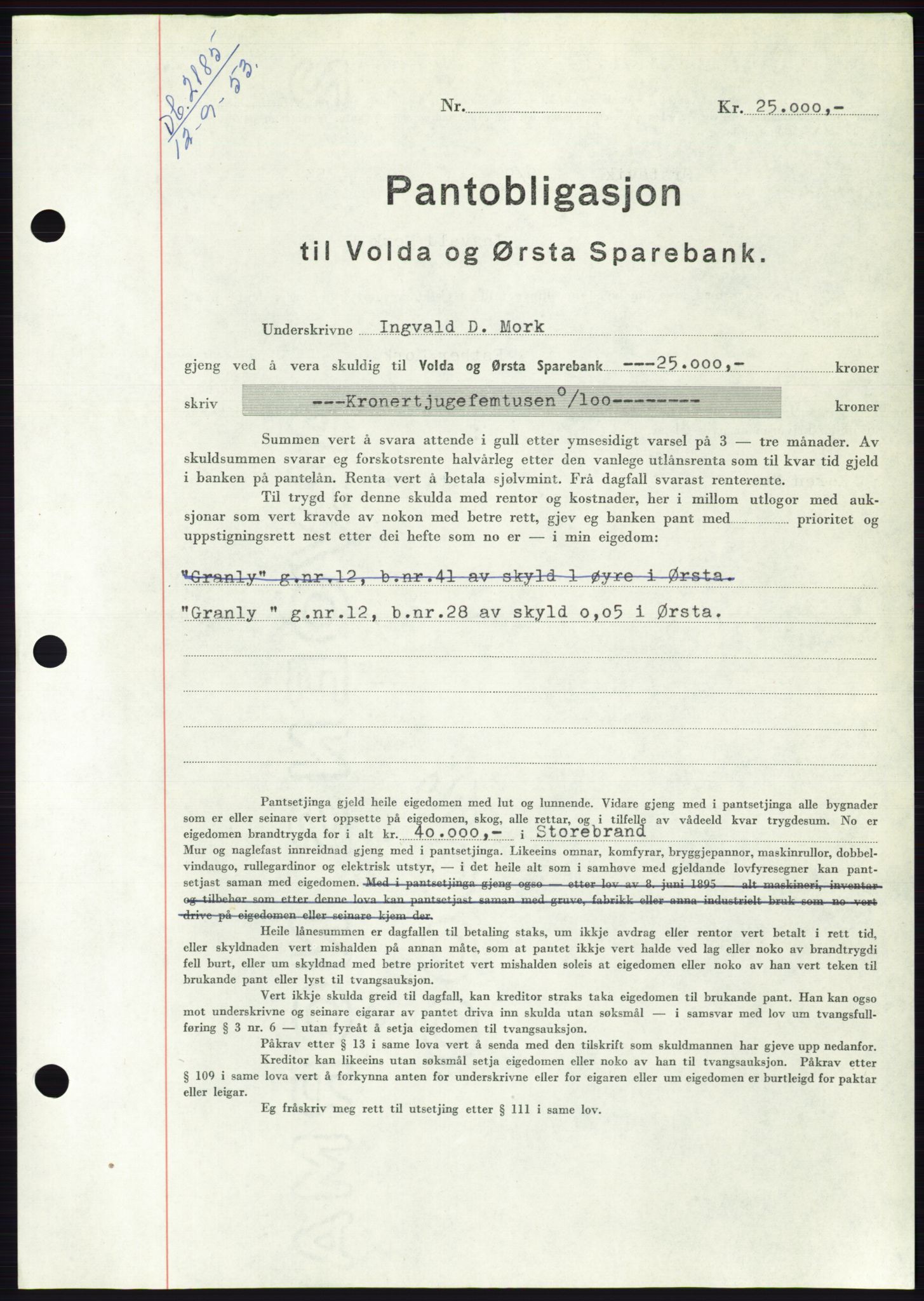 Søre Sunnmøre sorenskriveri, SAT/A-4122/1/2/2C/L0123: Mortgage book no. 11B, 1953-1953, Diary no: : 2185/1953
