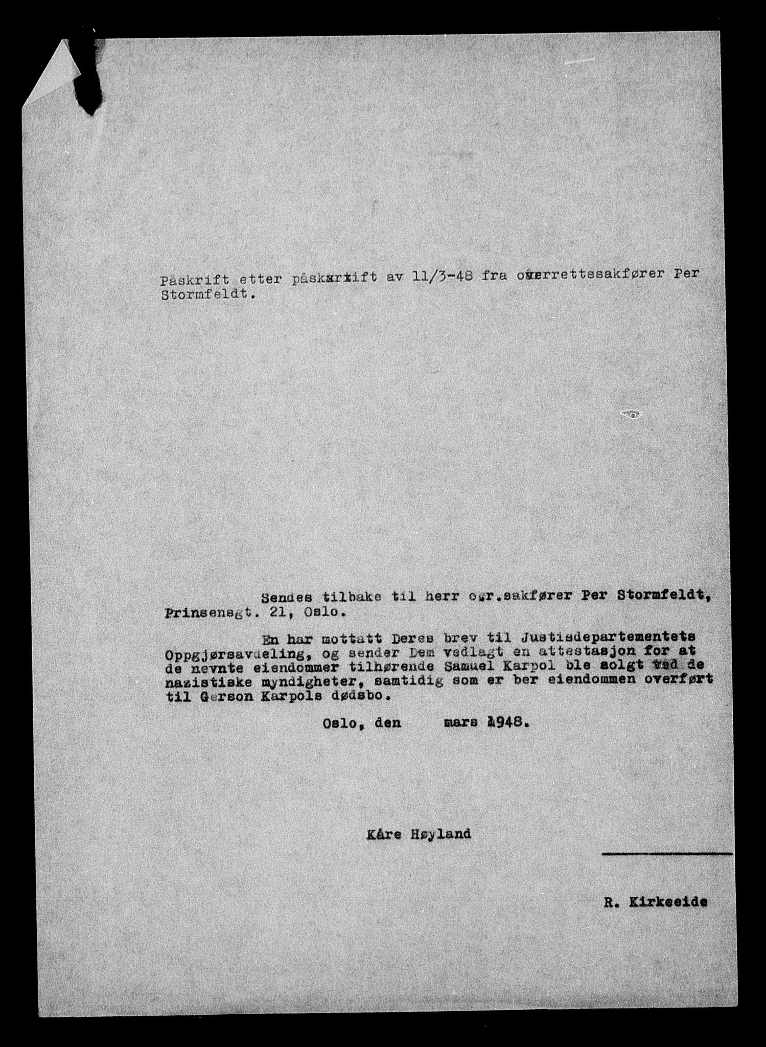 Justisdepartementet, Tilbakeføringskontoret for inndratte formuer, AV/RA-S-1564/H/Hc/Hcc/L0949: --, 1945-1947, p. 463