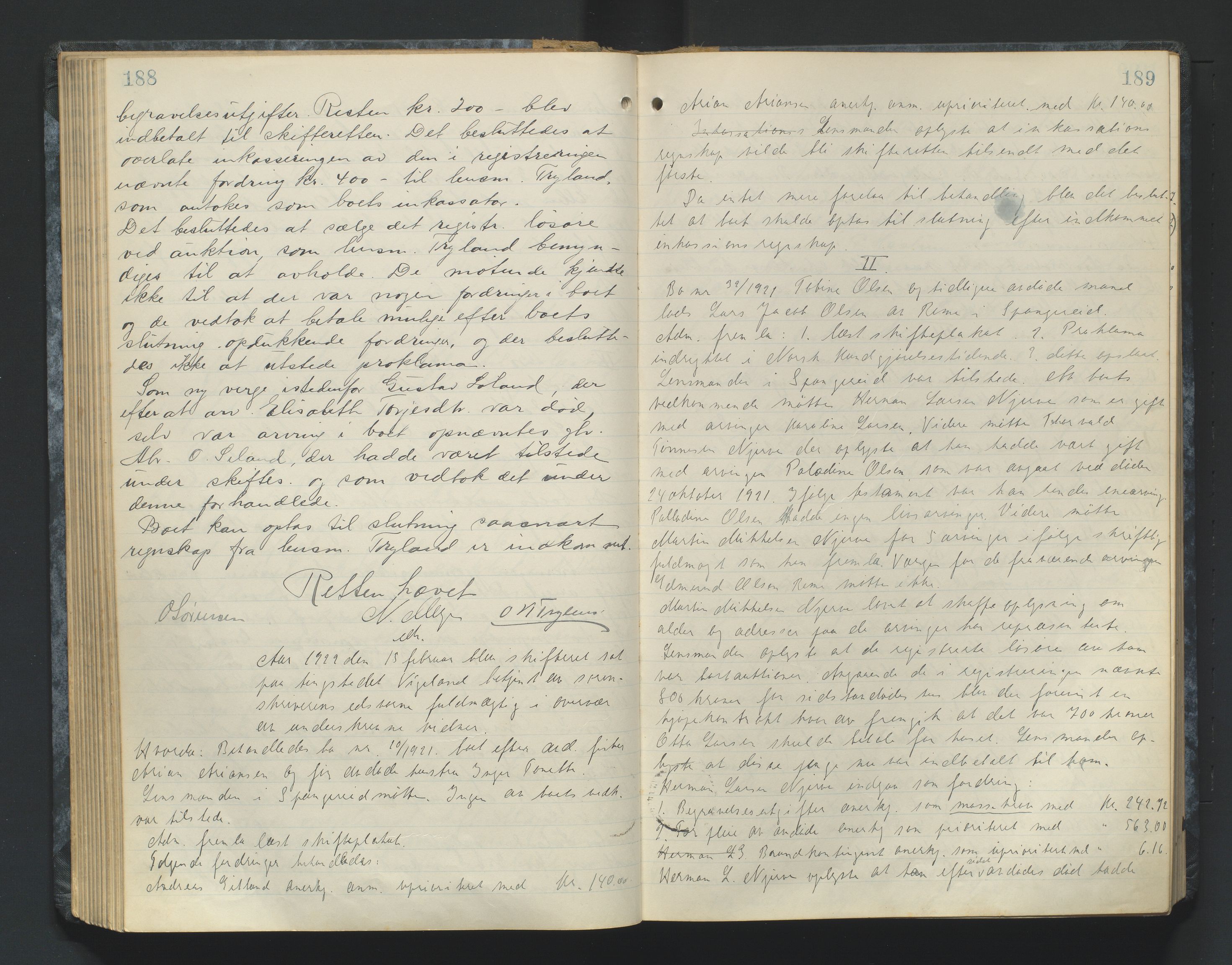 Mandal sorenskriveri, AV/SAK-1221-0005/001/H/Hc/L0084: Skifteforhandlingsprotokoll nr 16, 1921-1924, p. 188-189
