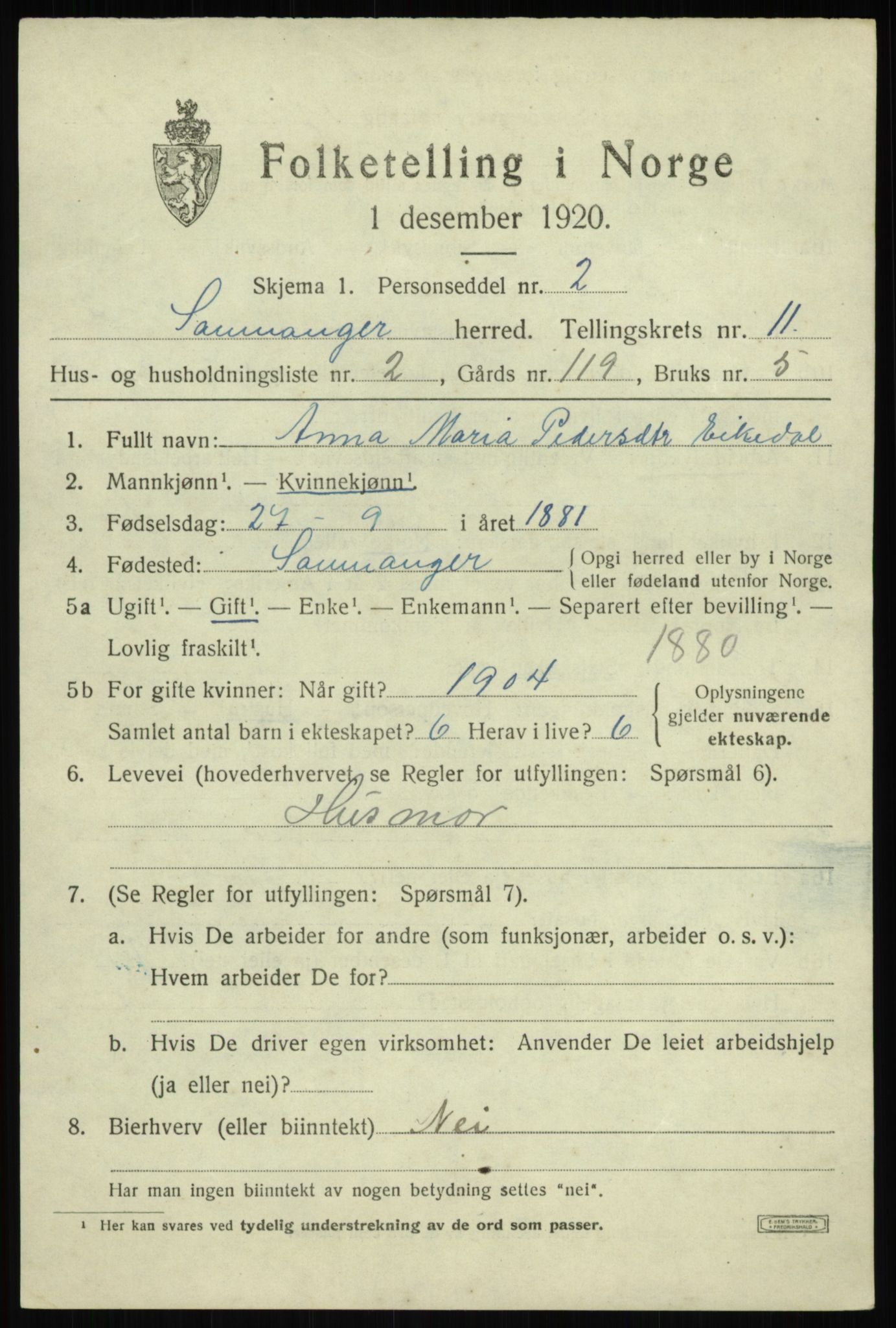 SAB, 1920 census for Samnanger, 1920, p. 4225