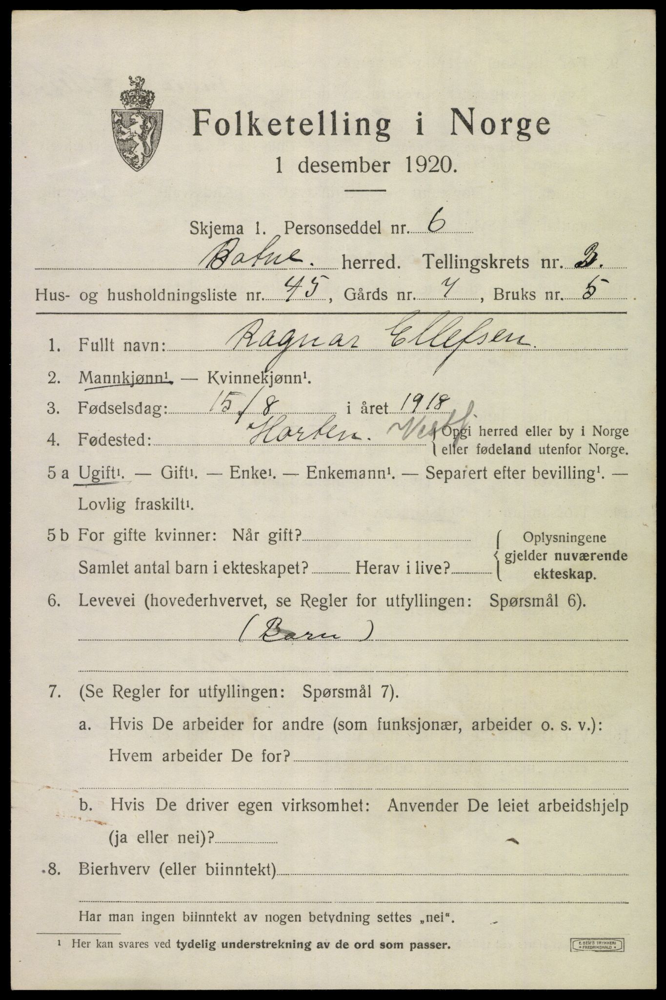 SAKO, 1920 census for Botne, 1920, p. 3583