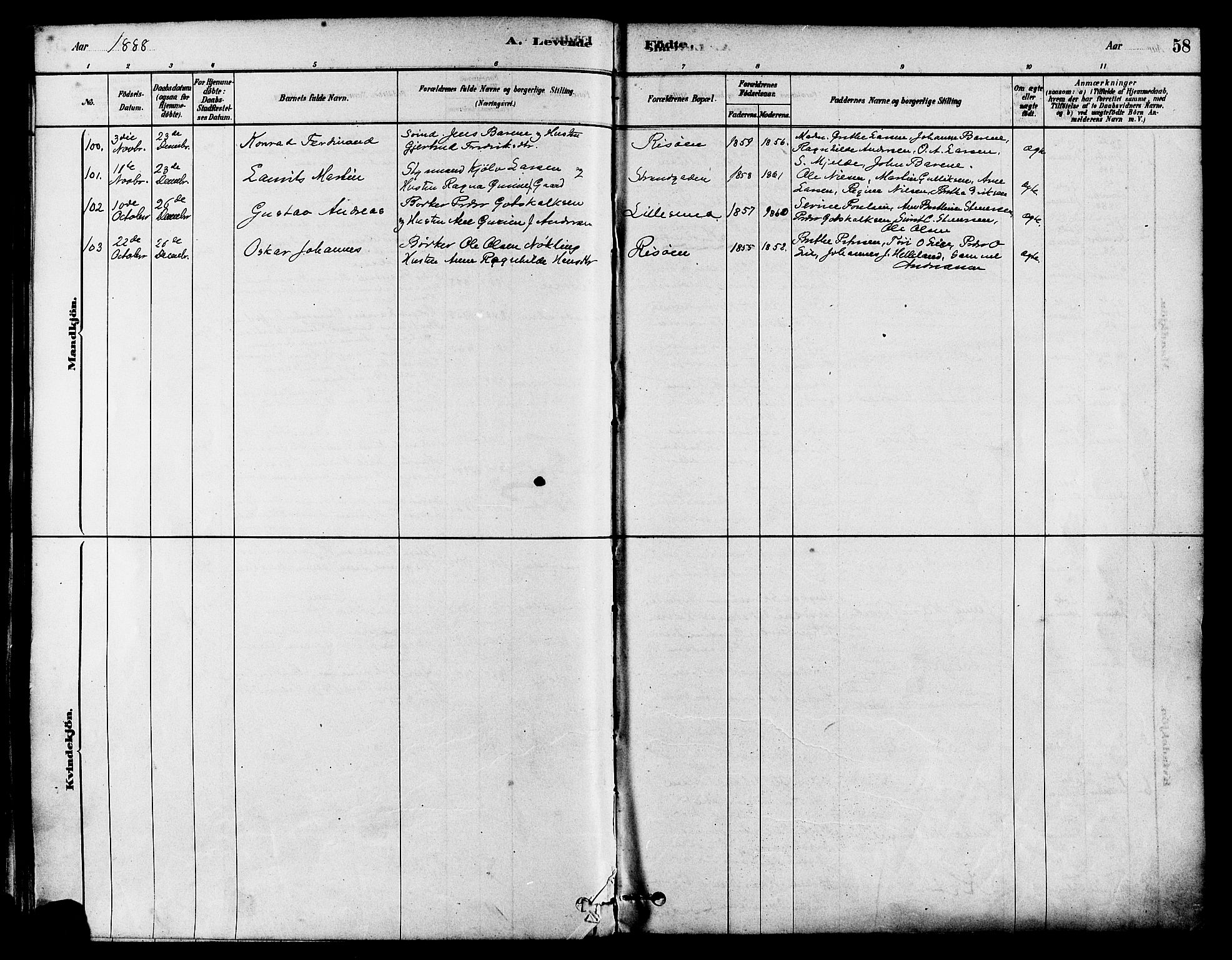 Haugesund sokneprestkontor, AV/SAST-A -101863/H/Ha/Haa/L0003: Parish register (official) no. A 3, 1885-1890, p. 58