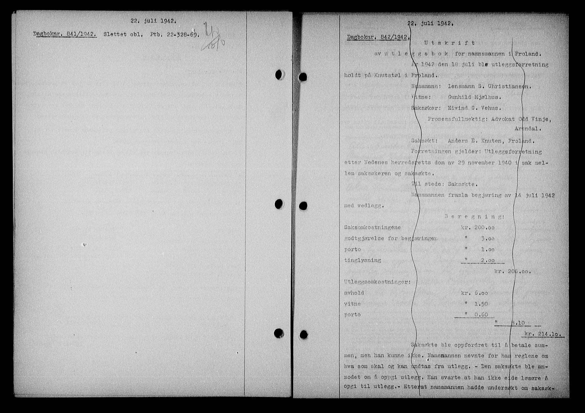 Nedenes sorenskriveri, SAK/1221-0006/G/Gb/Gba/L0049: Mortgage book no. A-III, 1941-1942, Diary no: : 842/1942