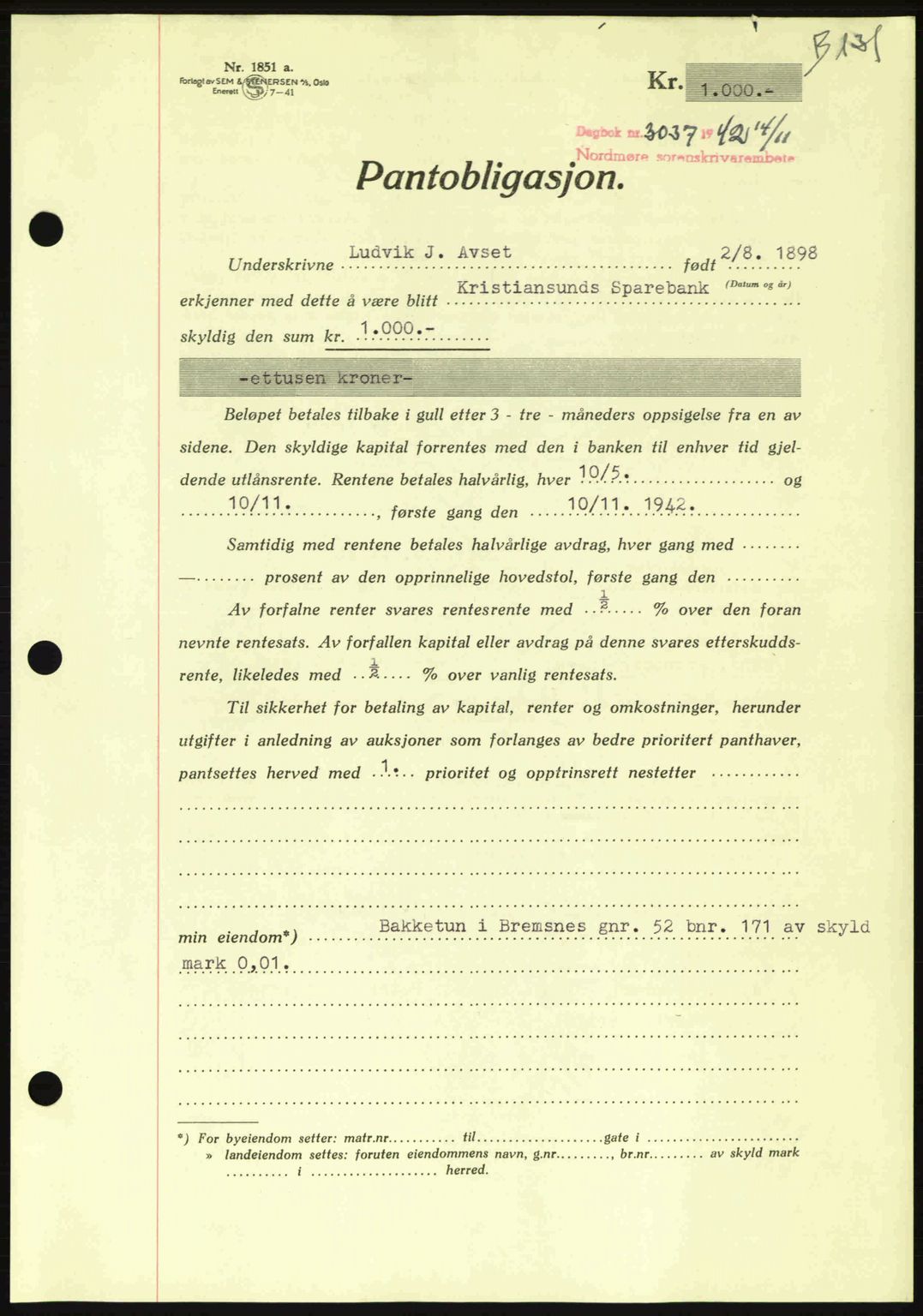 Nordmøre sorenskriveri, AV/SAT-A-4132/1/2/2Ca: Mortgage book no. B90, 1942-1943, Diary no: : 3037/1942