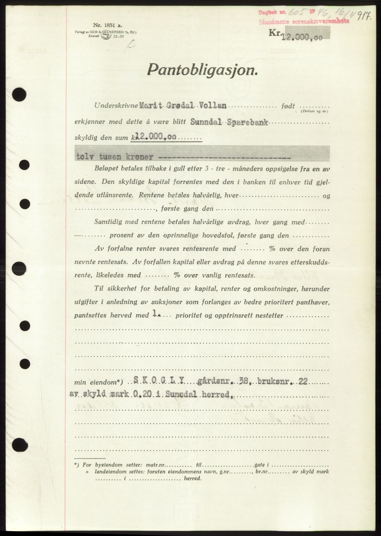 Nordmøre sorenskriveri, AV/SAT-A-4132/1/2/2Ca: Mortgage book no. B93b, 1946-1946, Diary no: : 605/1946