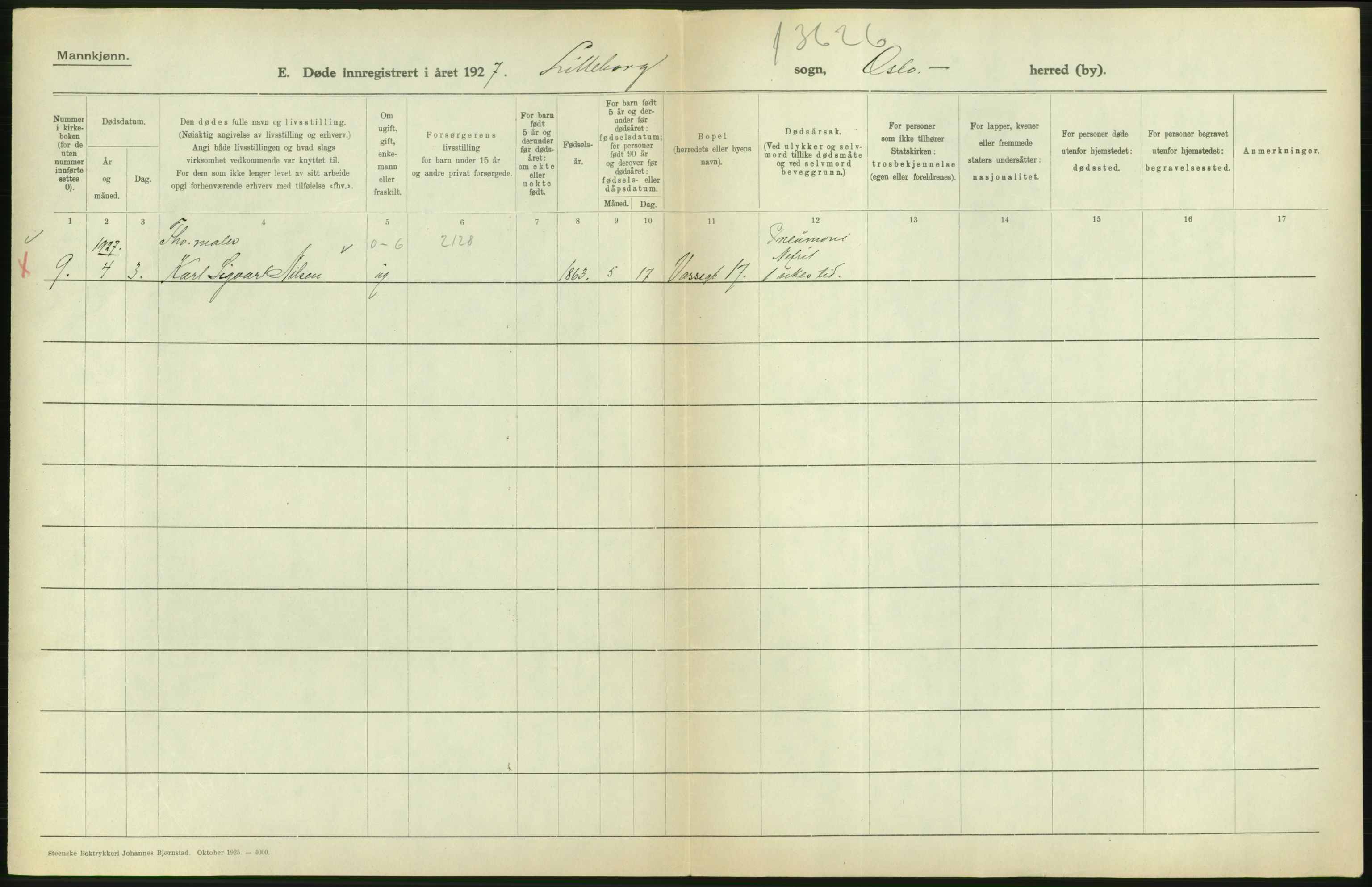 Statistisk sentralbyrå, Sosiodemografiske emner, Befolkning, AV/RA-S-2228/D/Df/Dfc/Dfcg/L0009: Oslo: Døde menn, 1927, p. 284