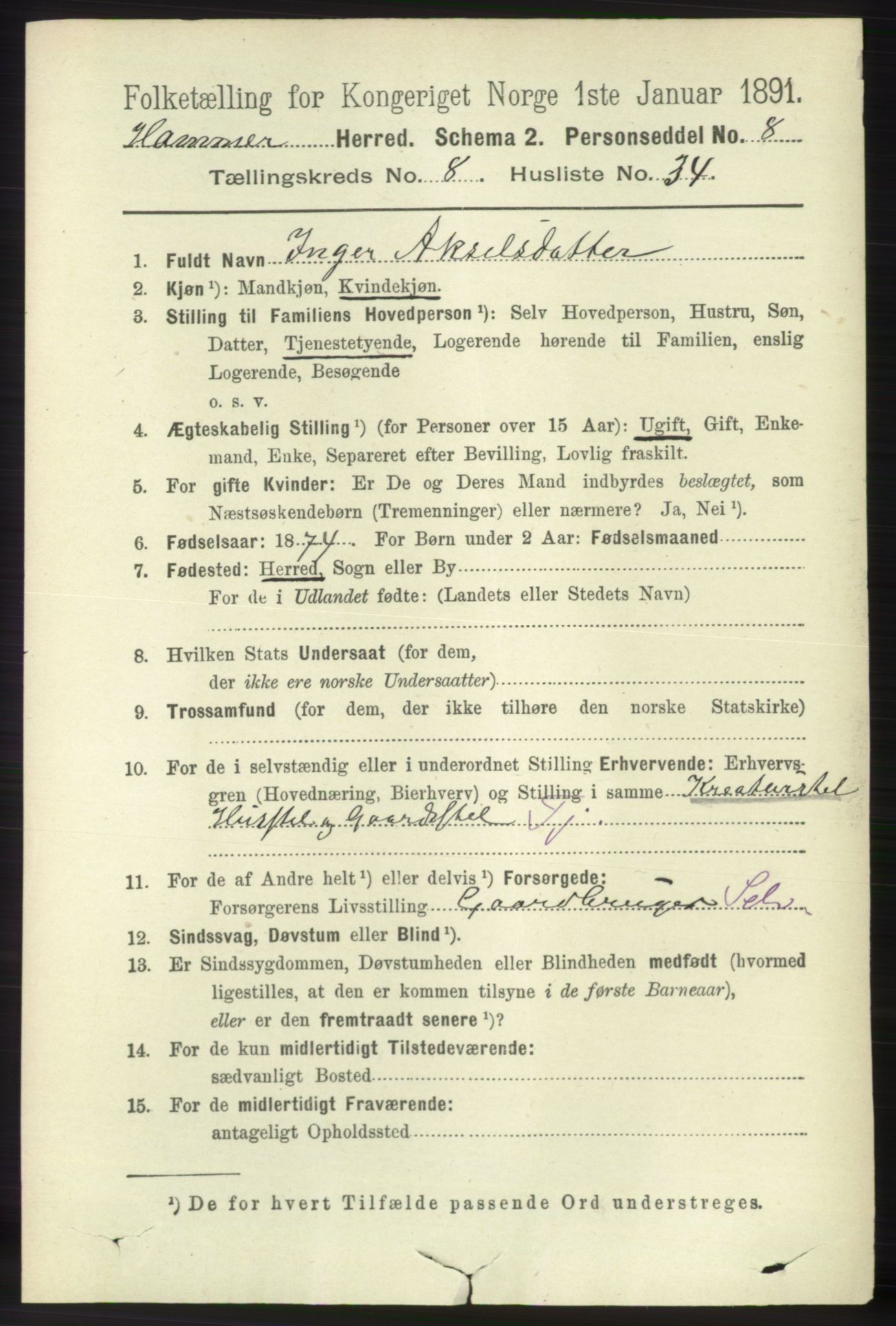 RA, 1891 census for 1254 Hamre, 1891, p. 2217