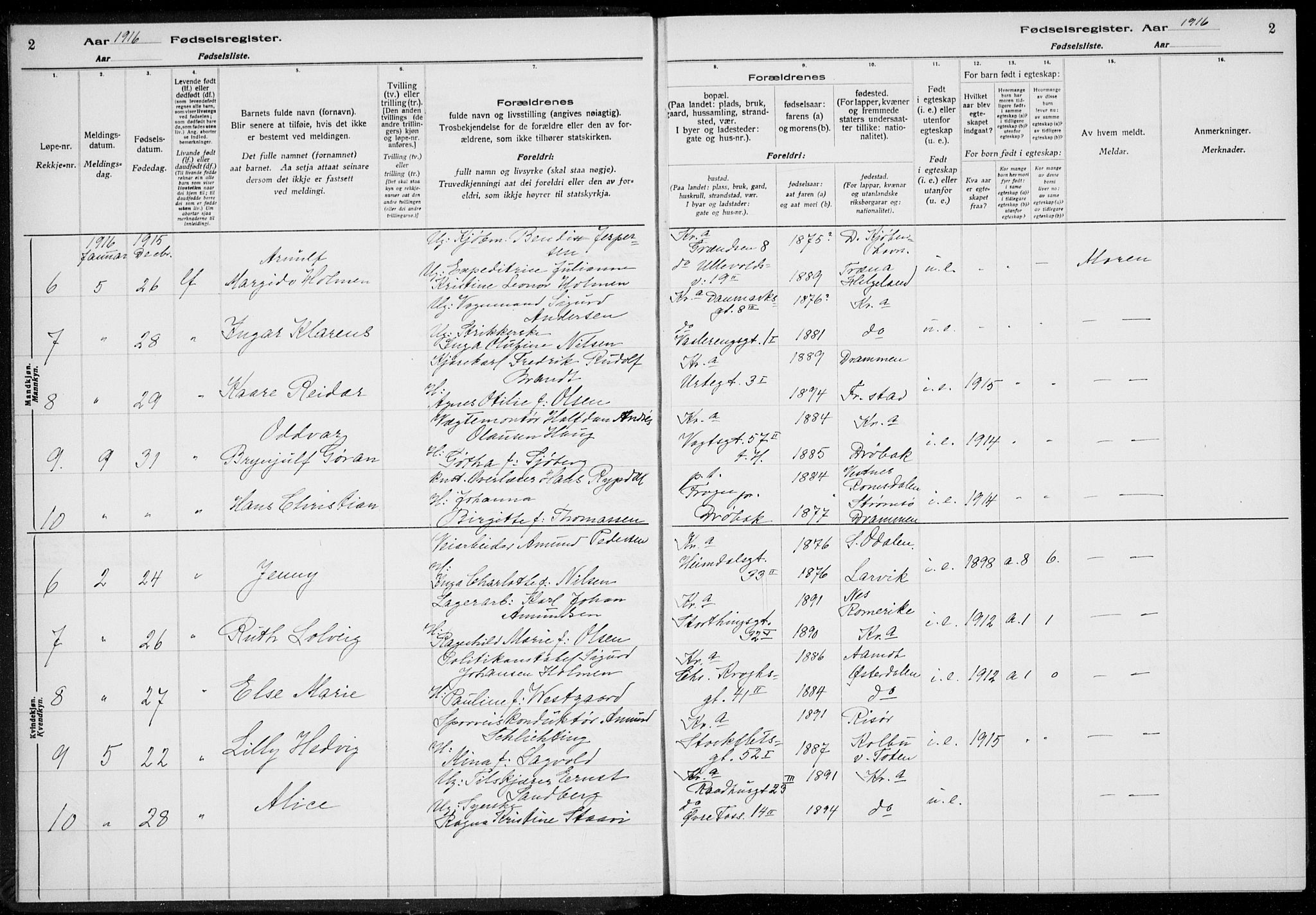 Rikshospitalet prestekontor Kirkebøker, AV/SAO-A-10309b/J/L0001: Birth register no. 1, 1916-1916, p. 2